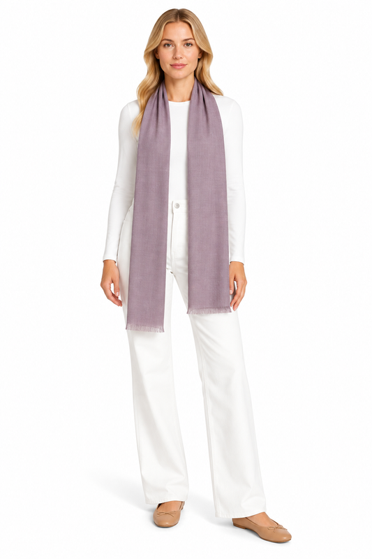 Dusty Mauve Cashmere Scarf styled on model