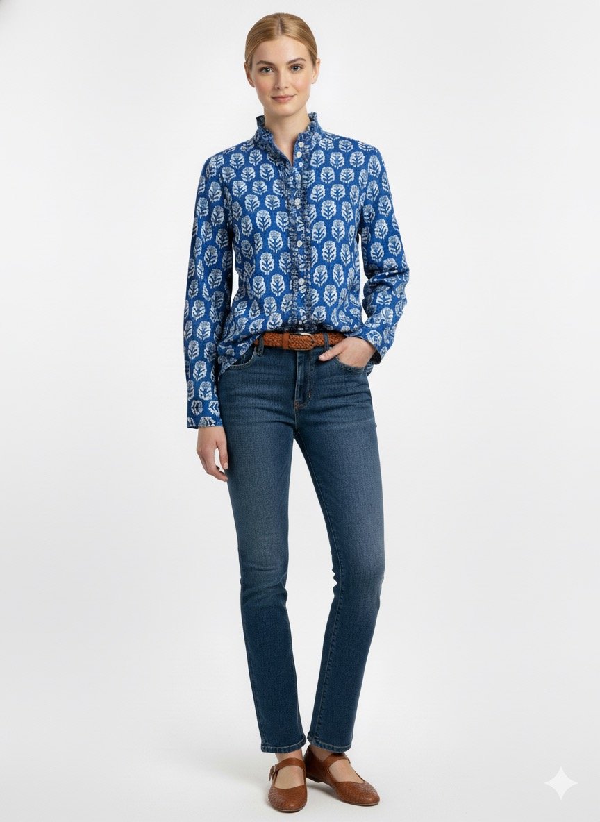 Blue & White Small Floral Block Print Ruffle Collared  Button Down Blouse - Women's
