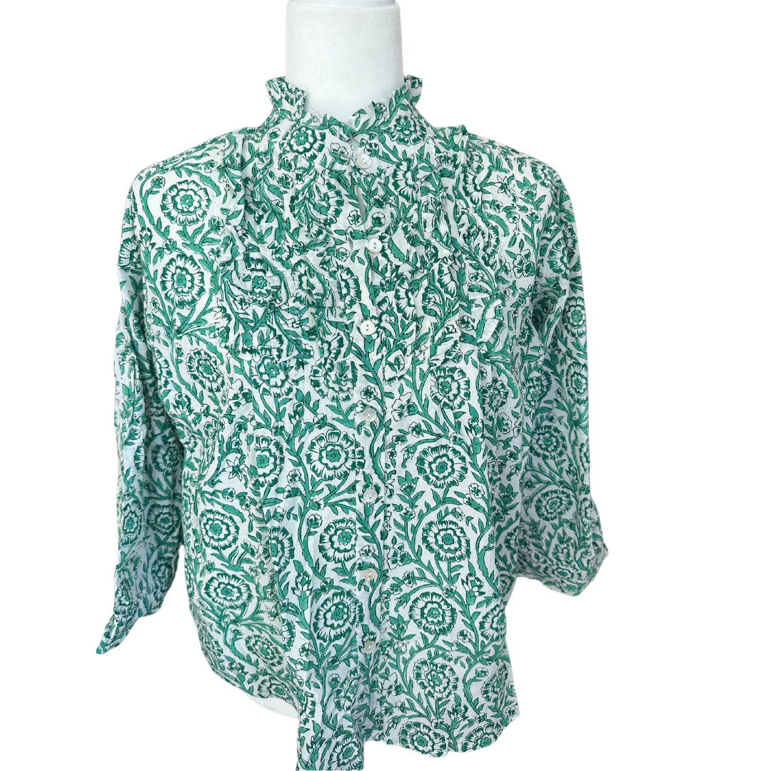 Green Floral Ruffle Bib 3/4 Sleeve Blouse - Button Up