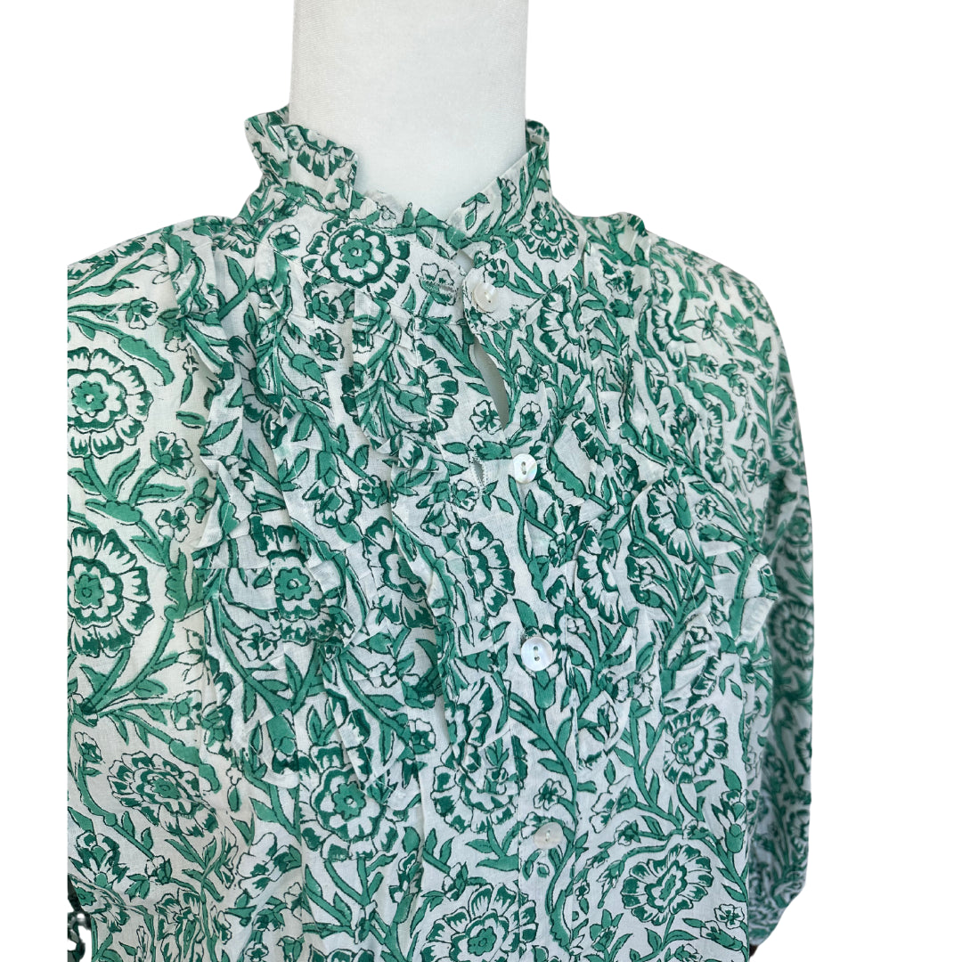 Green Floral Ruffle Bib 3/4 Sleeve Blouse - Button Up