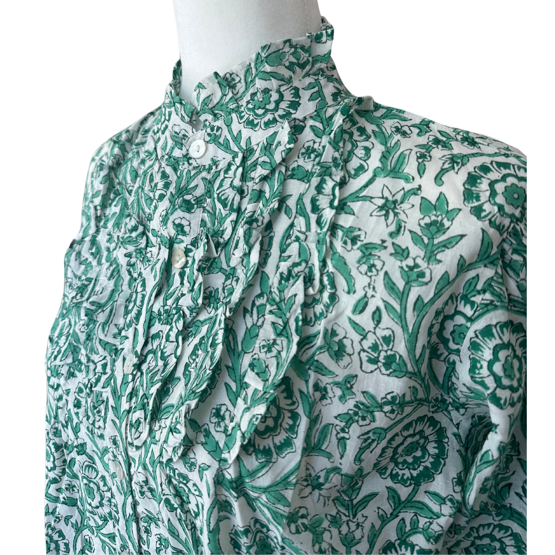 Green Floral Ruffle Bib 3/4 Sleeve Blouse - Button Up