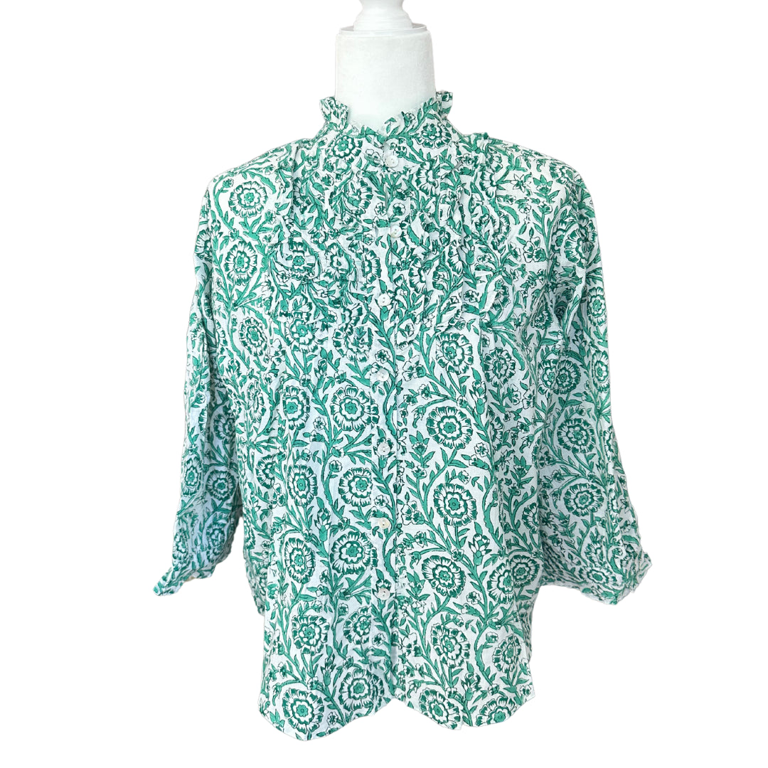 Green Floral Ruffle Bib 3/4 Sleeve Blouse - Button Up