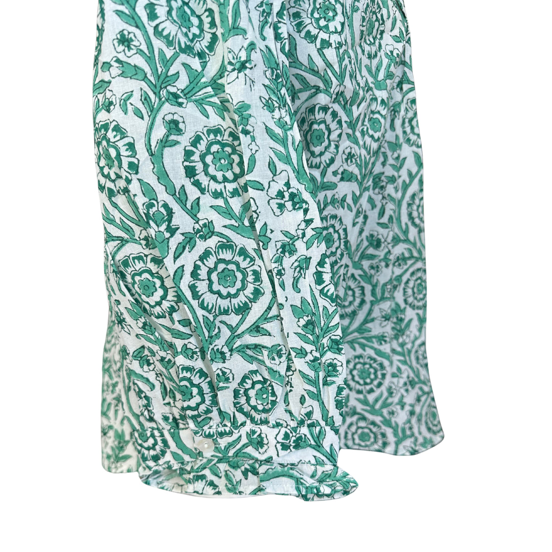 Green Floral Ruffle Bib 3/4 Sleeve Blouse - Button Up