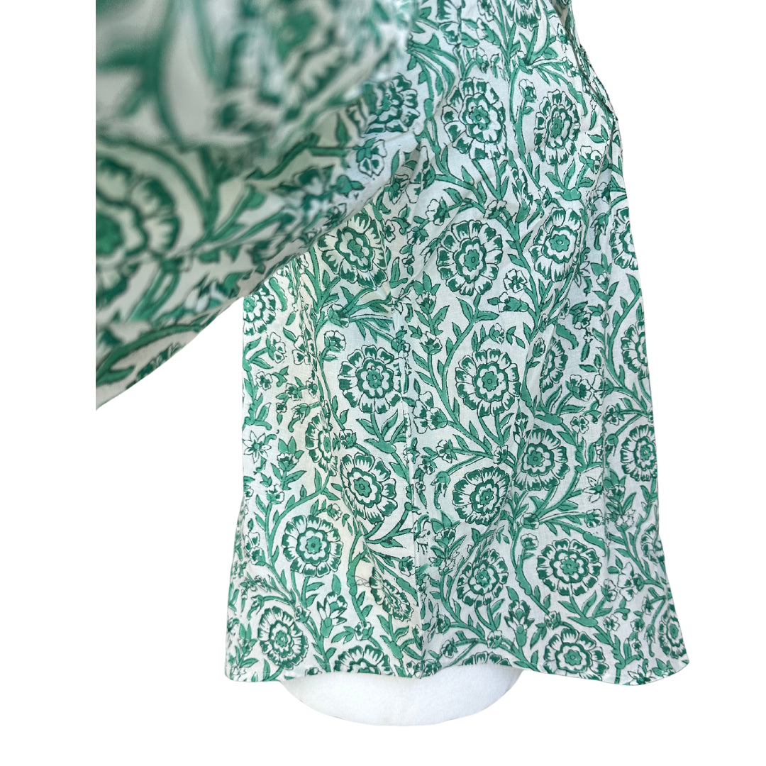 Green Floral Ruffle Bib 3/4 Sleeve Blouse - Button Up