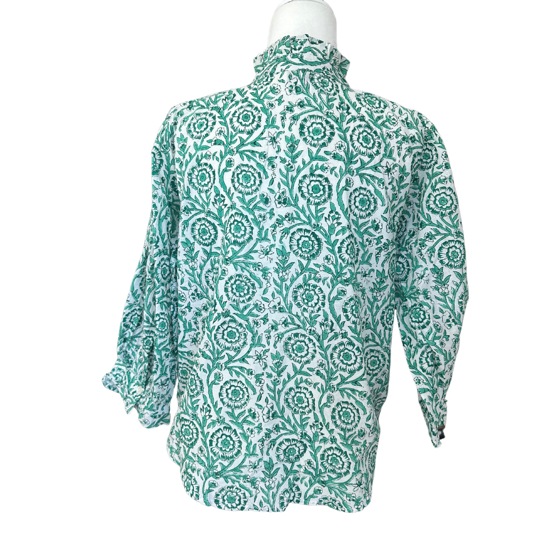 Green Floral Ruffle Bib 3/4 Sleeve Blouse - Button Up
