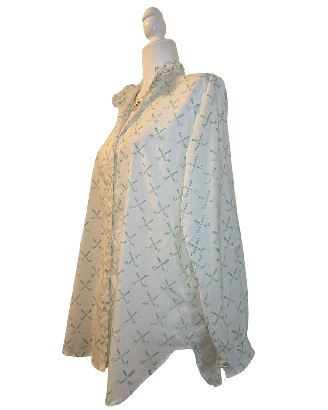 Green Golf Clubs Block Print Women's Button Up Ruffled Collared Blouse