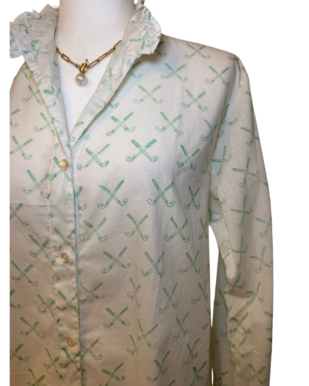 Green Golf Clubs Block Print Women's Button Up Ruffled Collared Blouse