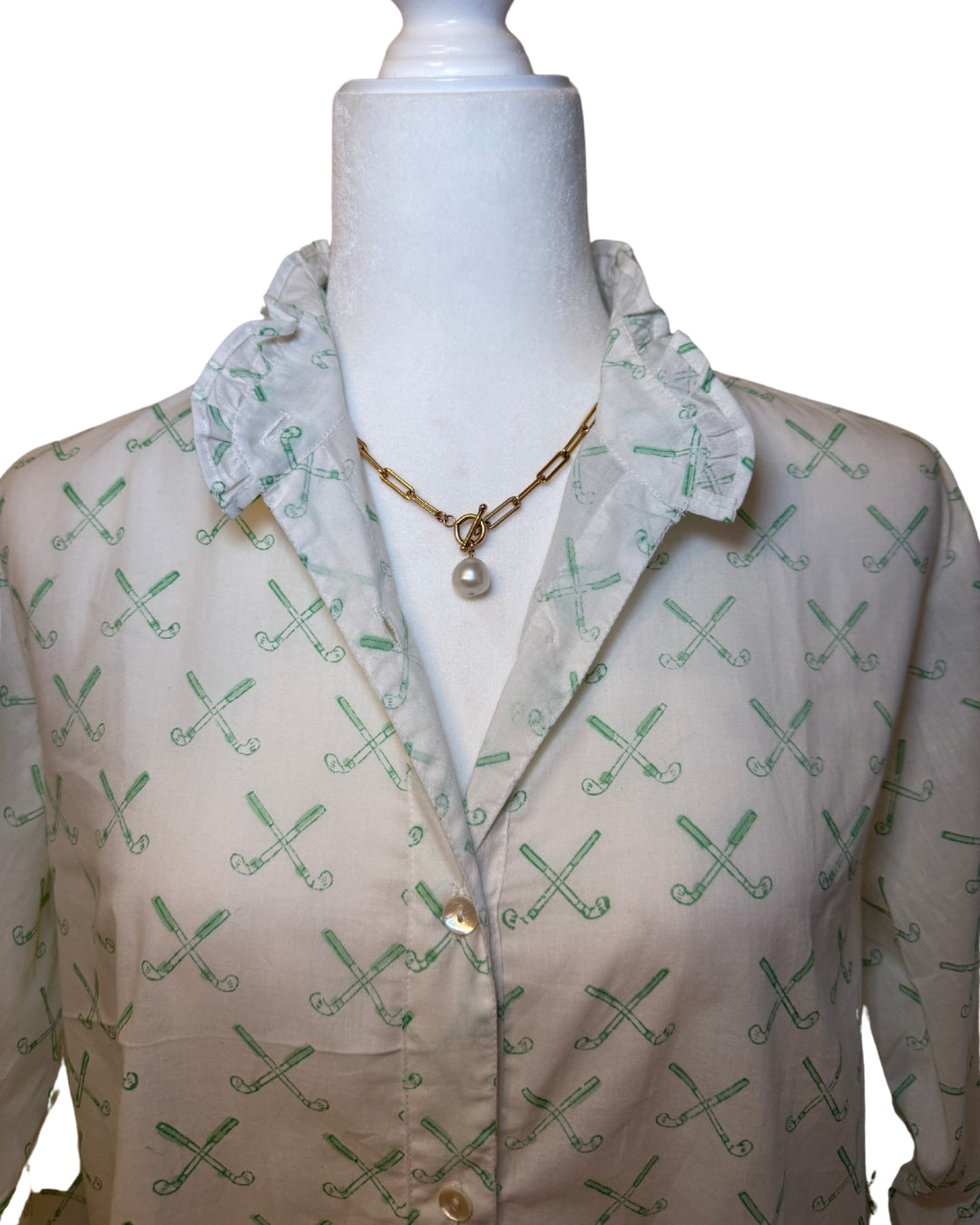 Green Golf Clubs Block Print Women's Button Up Ruffled Collared Blouse