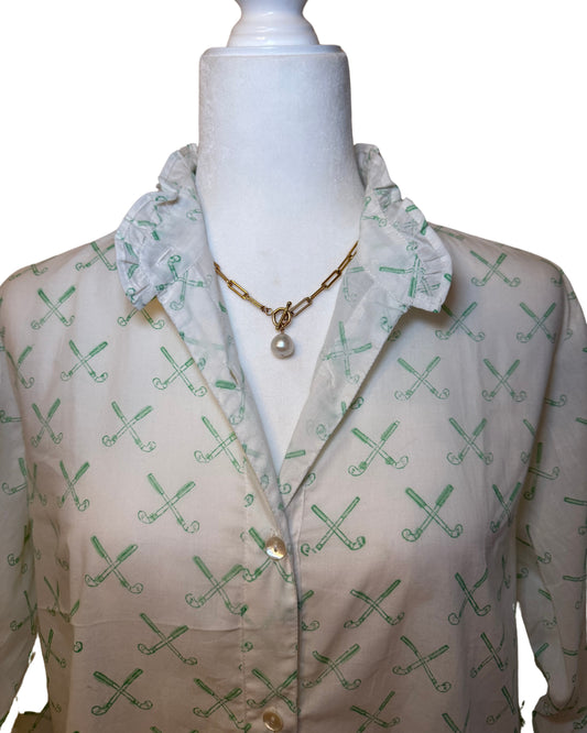 Green Golf Clubs Block Print Women's Button Up Ruffled Collared Blouse