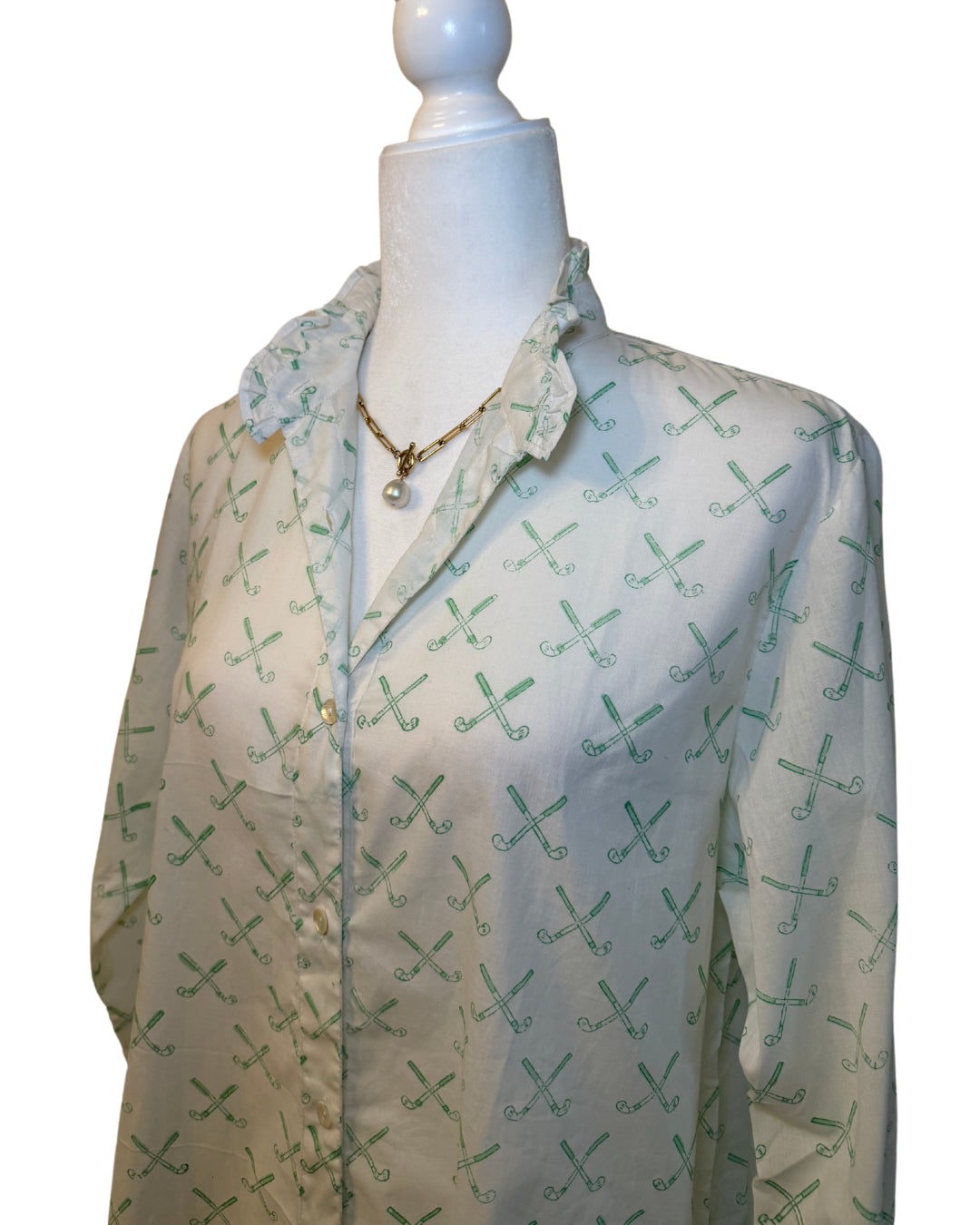Green Golf Clubs Block Print Women's Button Up Ruffled Collared Blouse