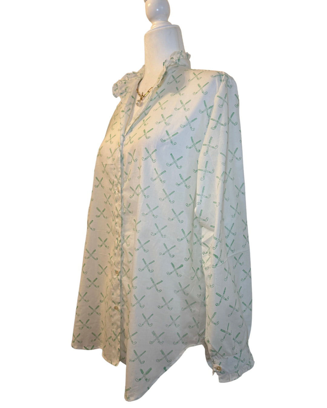 Green Golf Clubs Block Print Women's Button Up Ruffled Collared Blouse