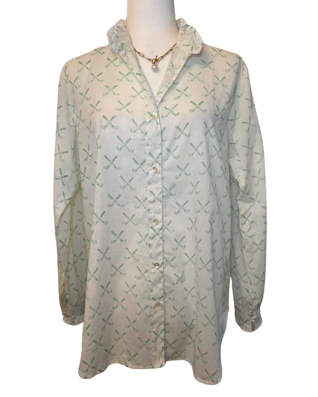 Green Golf Clubs Block Print Women's Button Up Ruffled Collared Blouse