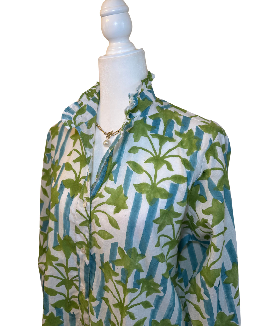 Blue Striped Green Floral Block Print Women's Button Up Ruffled Collared Blouse