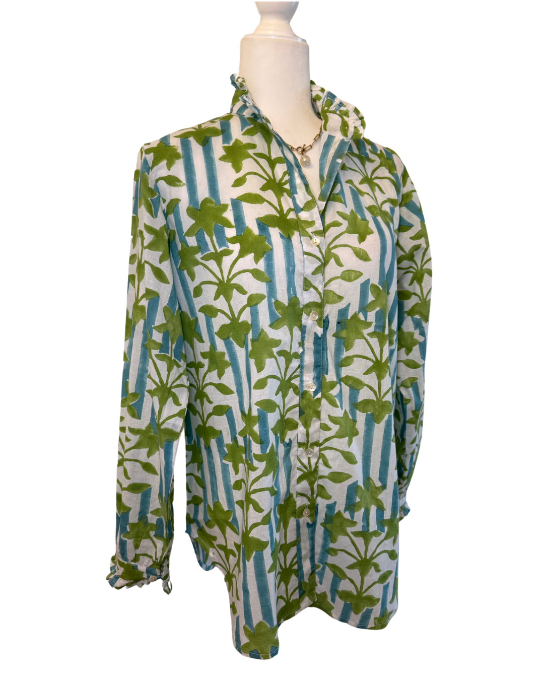 Blue Striped Green Floral Block Print Women's Button Up Ruffled Collared Blouse