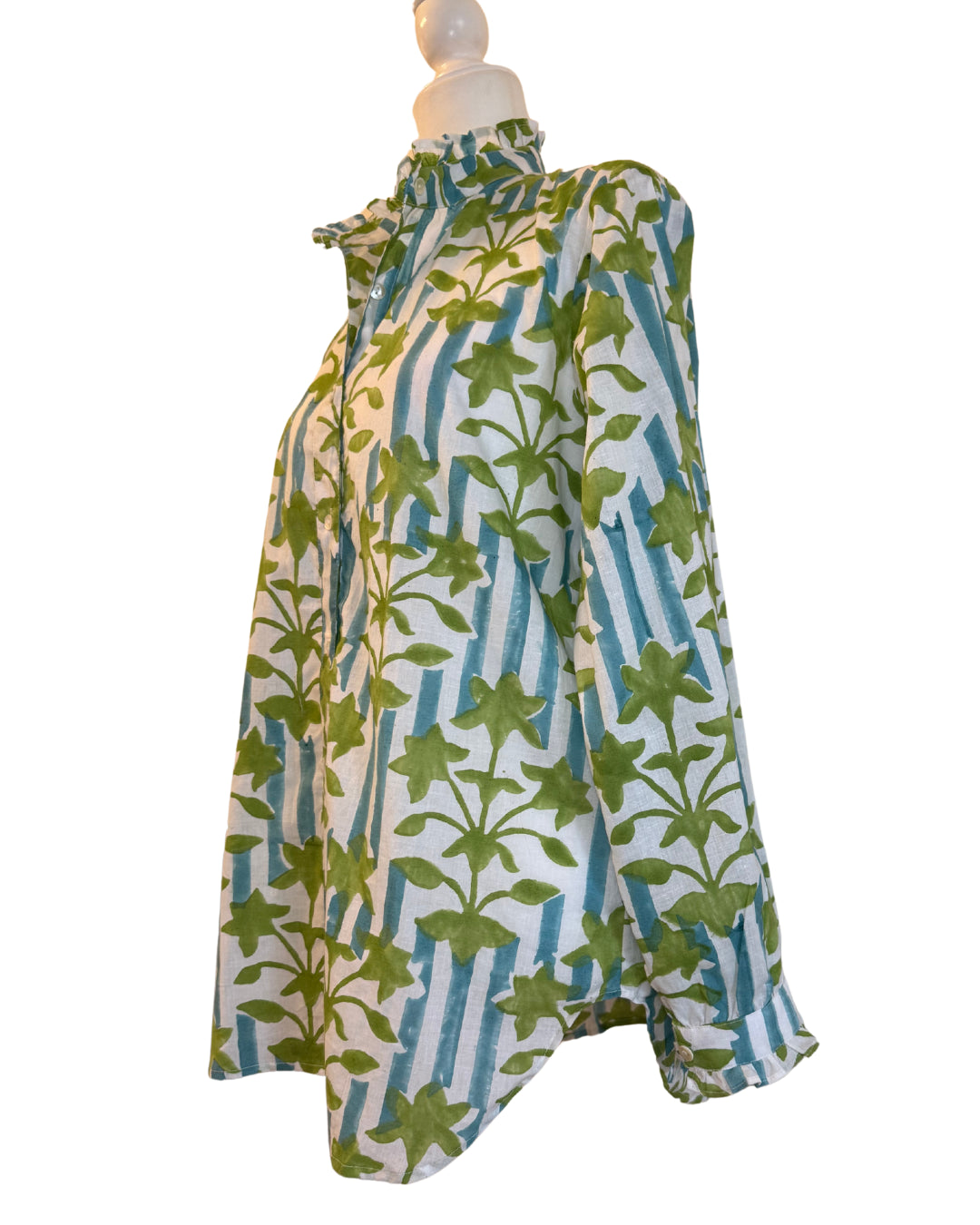 Blue Striped Green Floral Block Print Women's Button Up Ruffled Collared Blouse