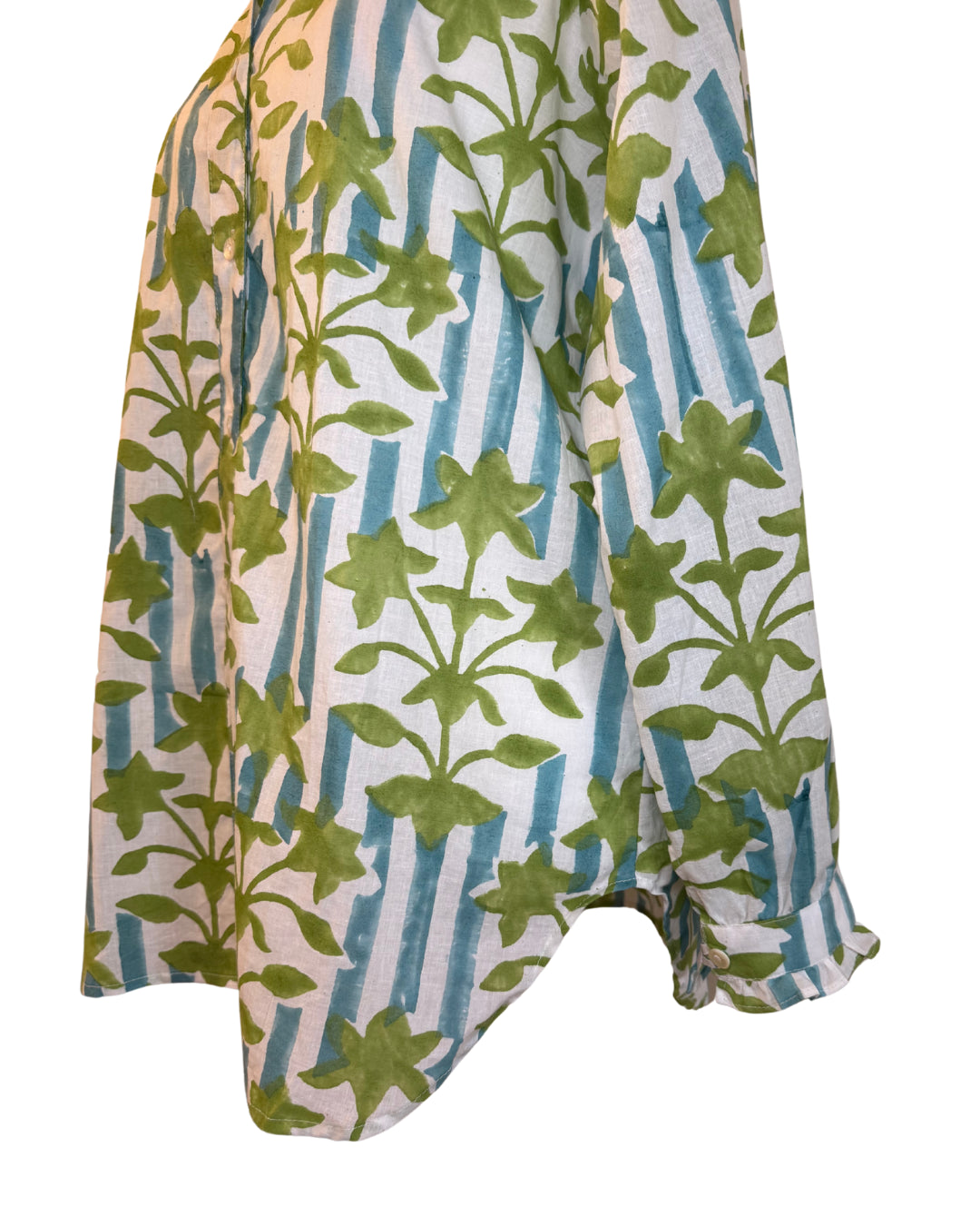 Blue Striped Green Floral Block Print Women's Button Up Ruffled Collared Blouse