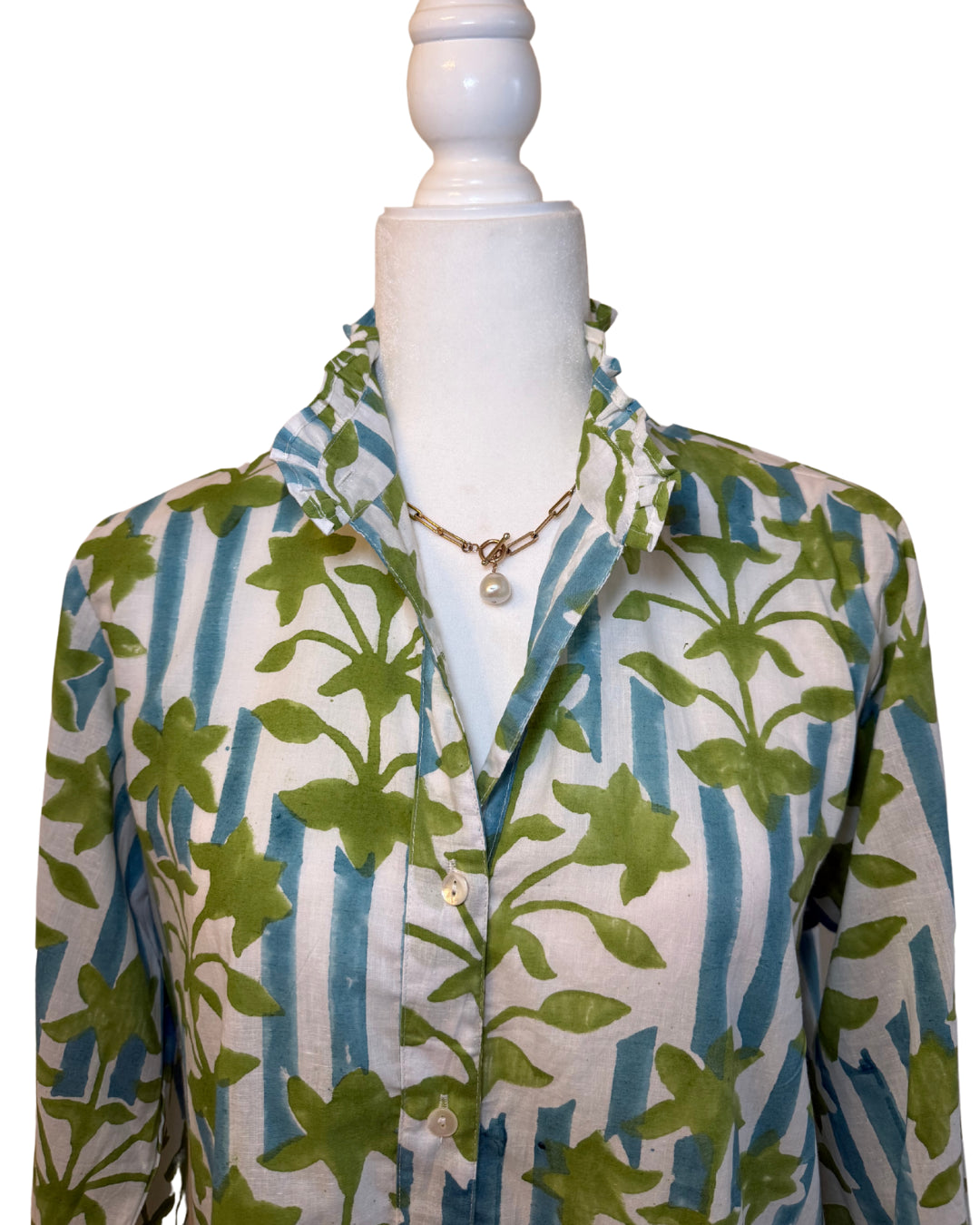 Blue Striped Green Floral Block Print Women's Button Up Ruffled Collared Blouse