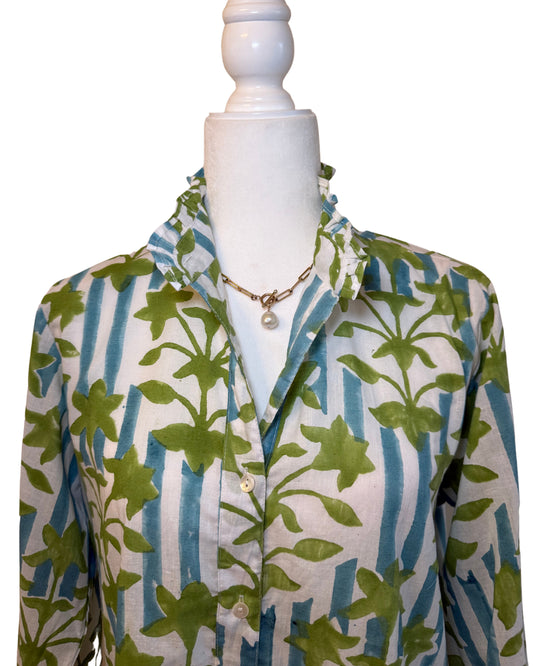 Blue Striped Green Floral Block Print Women's Button Up Ruffled Collared Blouse