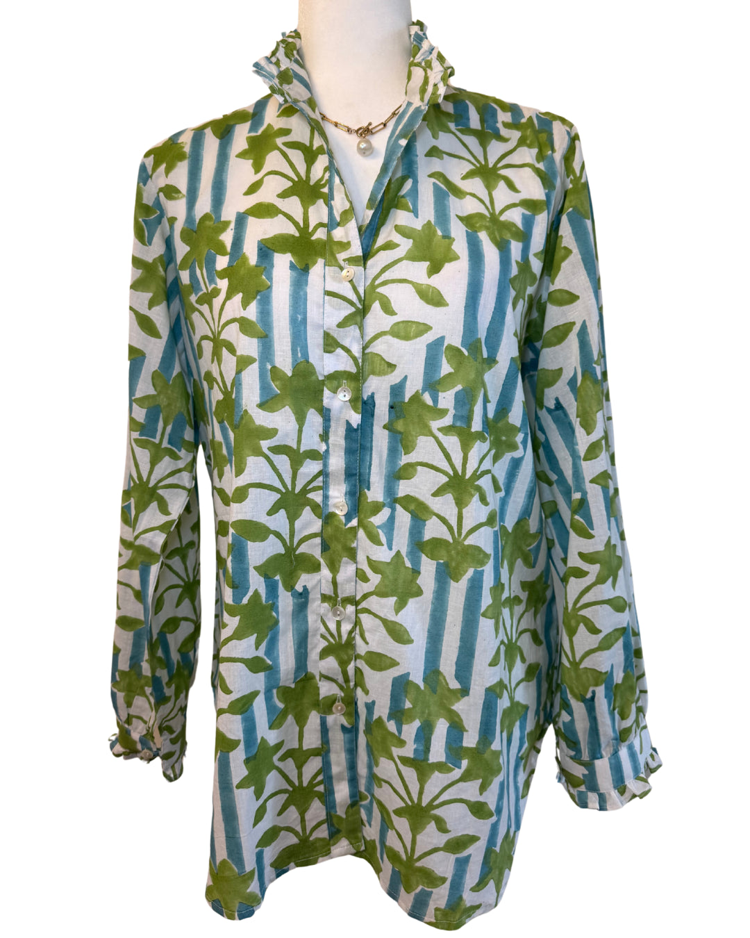 Blue Striped Green Floral Block Print Women's Button Up Ruffled Collared Blouse