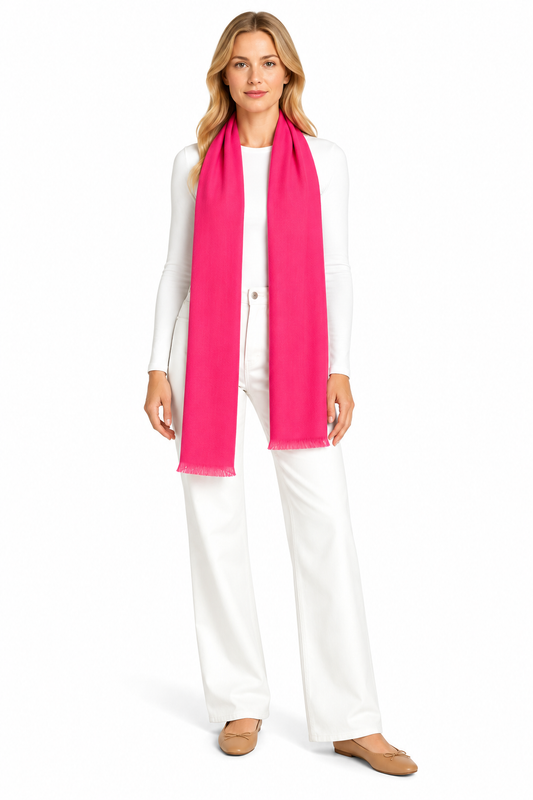 Hot Pink Cashmere Scarf styled on model