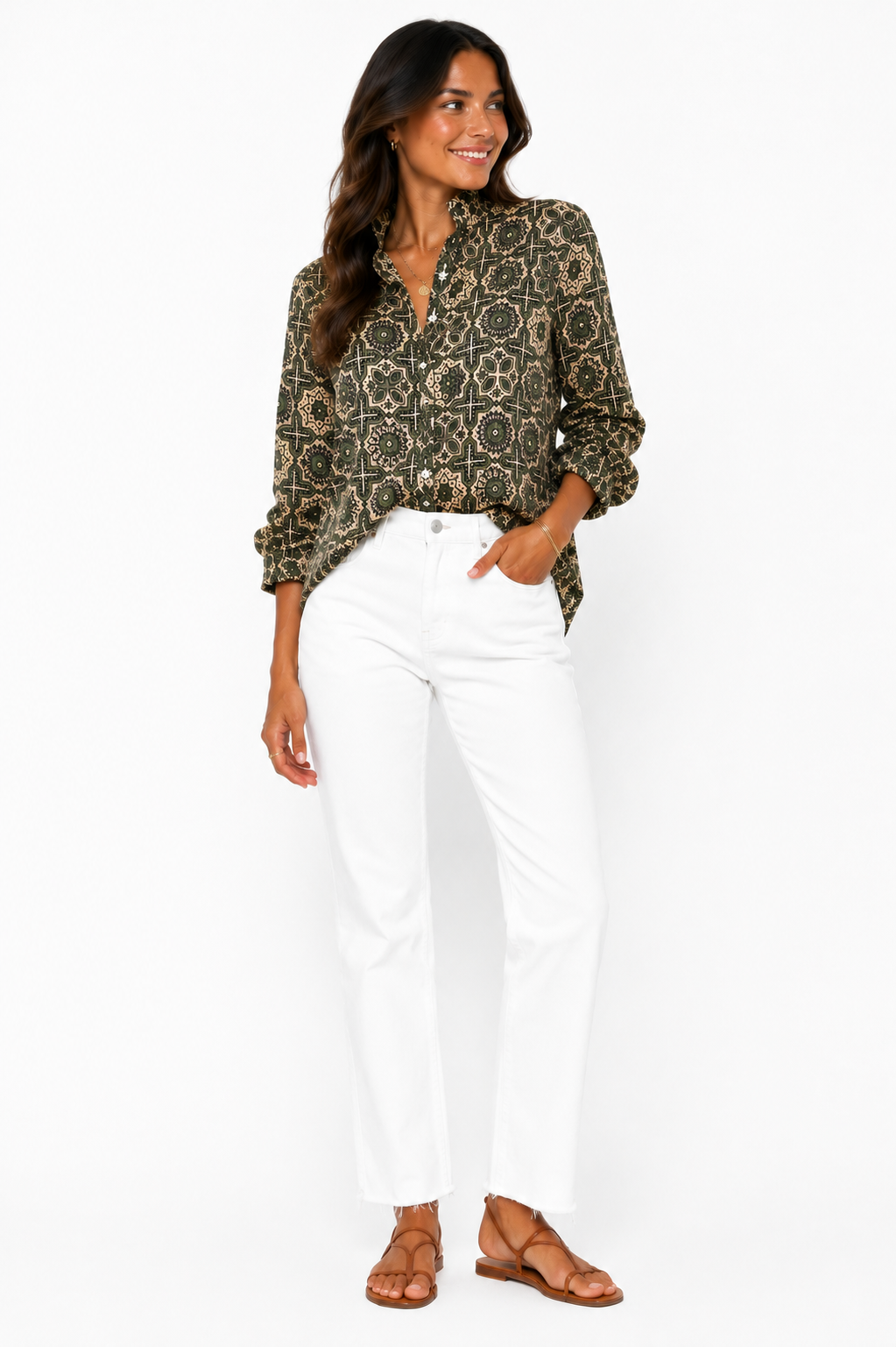 Green Geo Printed Ruffle Collared  Button Down Blouse - Women's