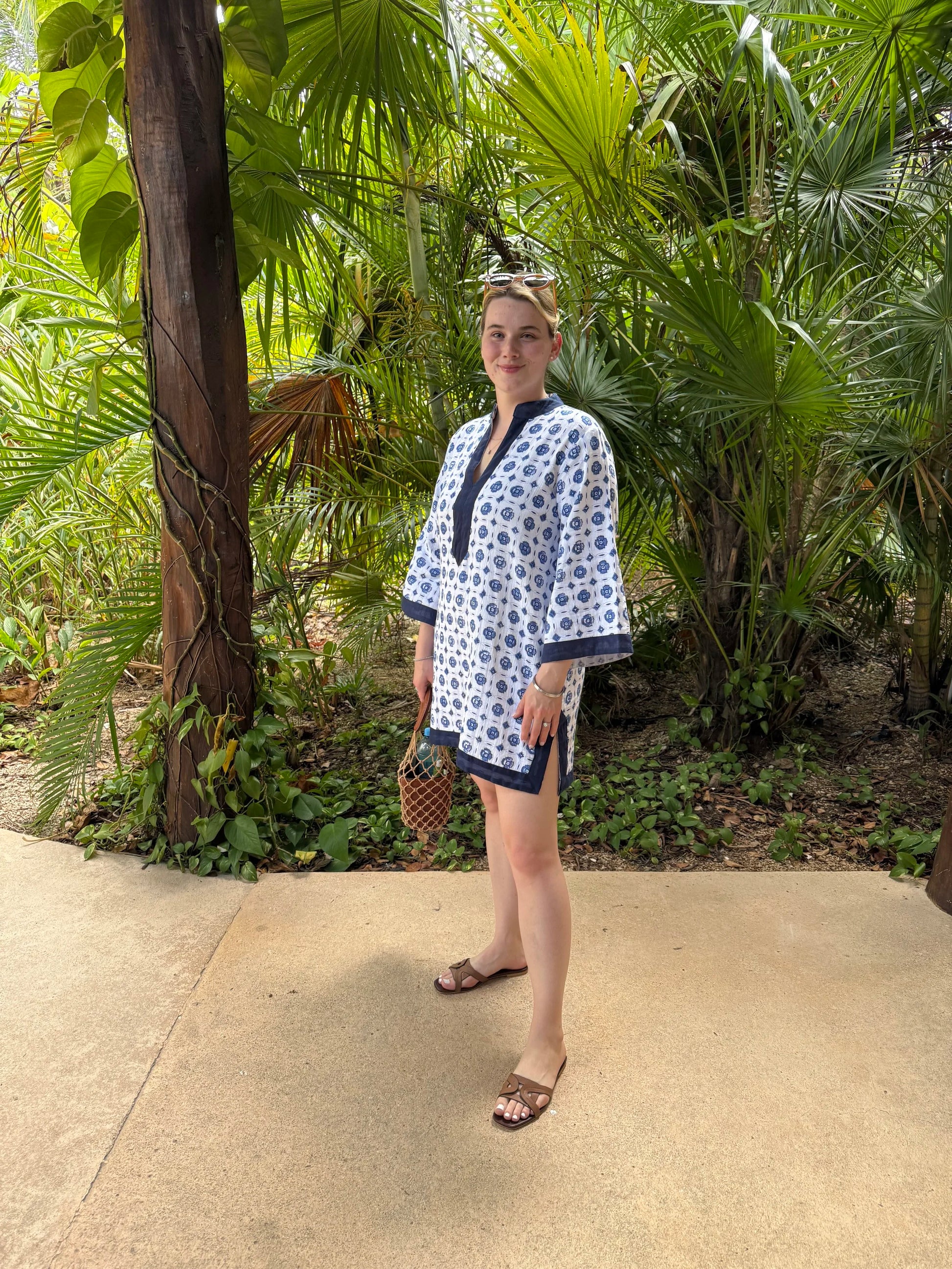 PRE - ORDER ~ Double Gauze Block Print Caftan - Blue & White Geometric Print