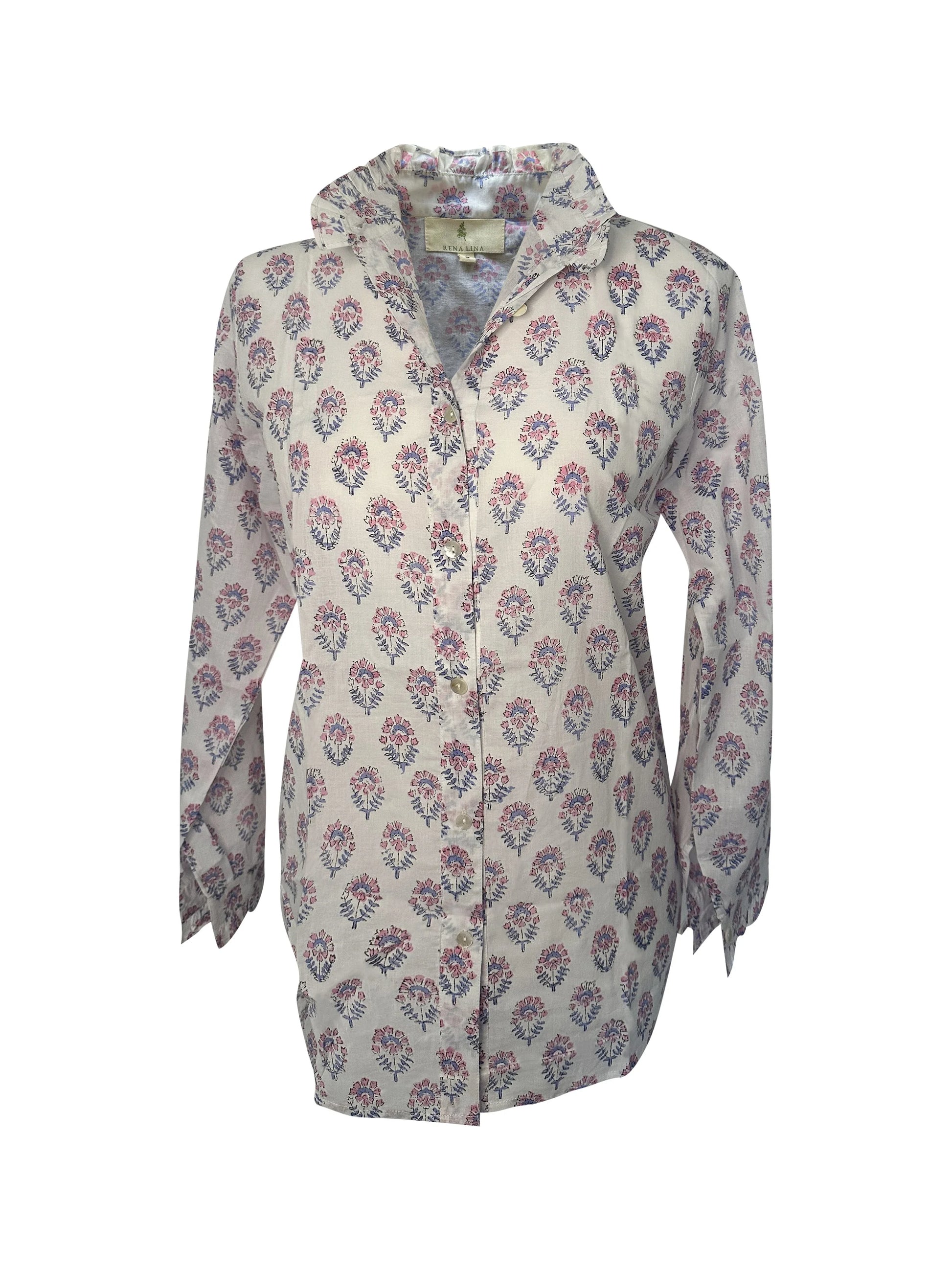 Pink & Blue Floral Block Print Women's Button Up Ruffled Collared Blouse