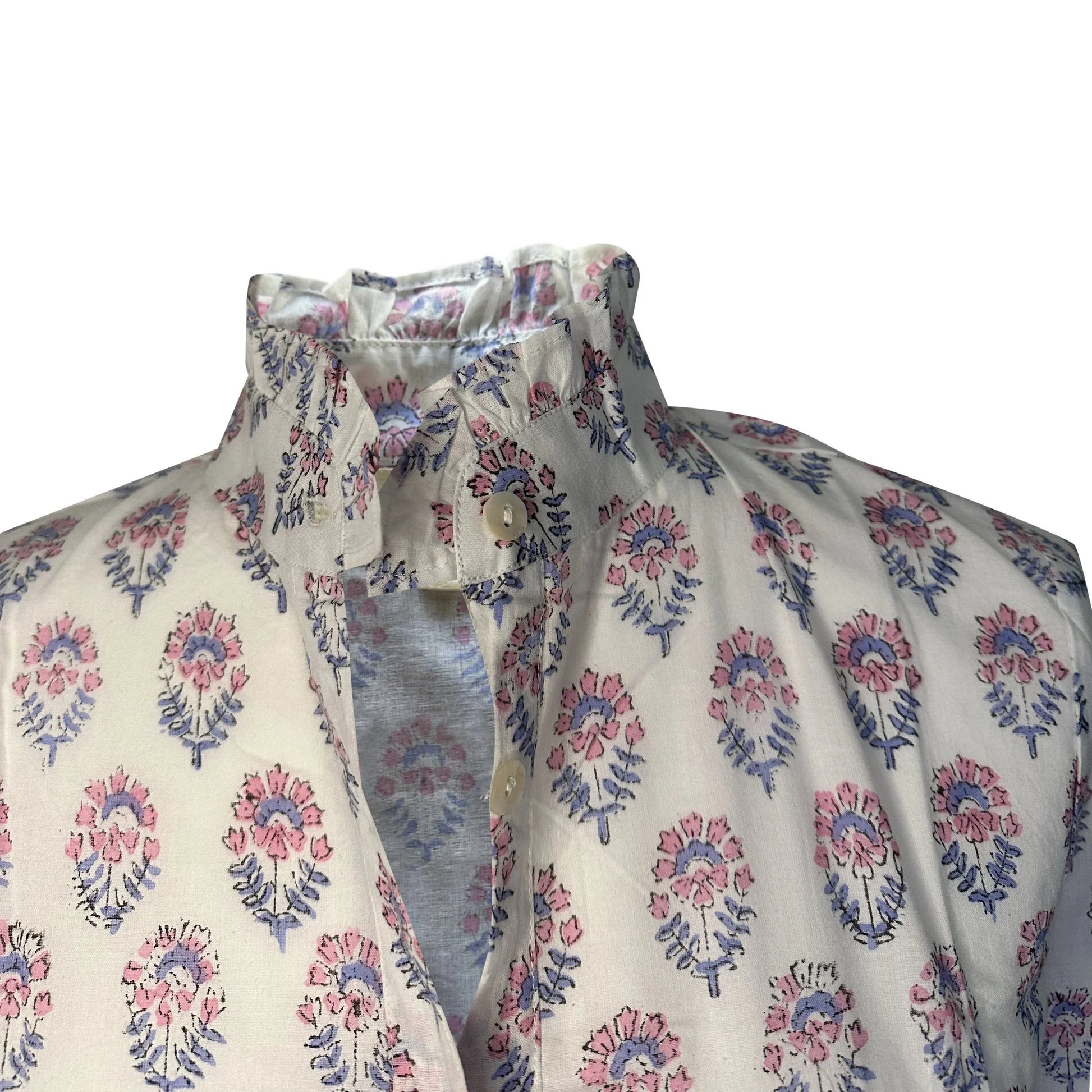 Pink & Blue Floral Block Print Women's Button Up Ruffled Collared Blouse