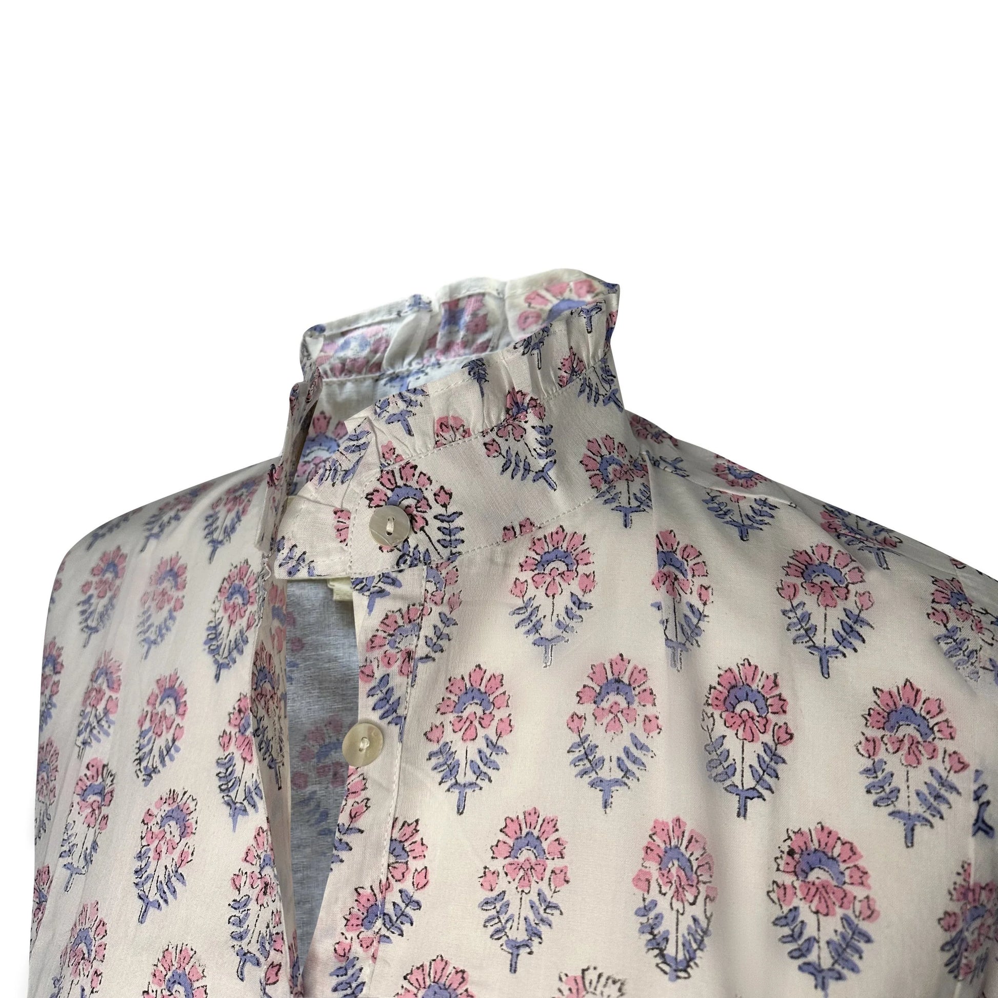 Pink & Blue Floral Block Print Women's Button Up Ruffled Collared Blouse