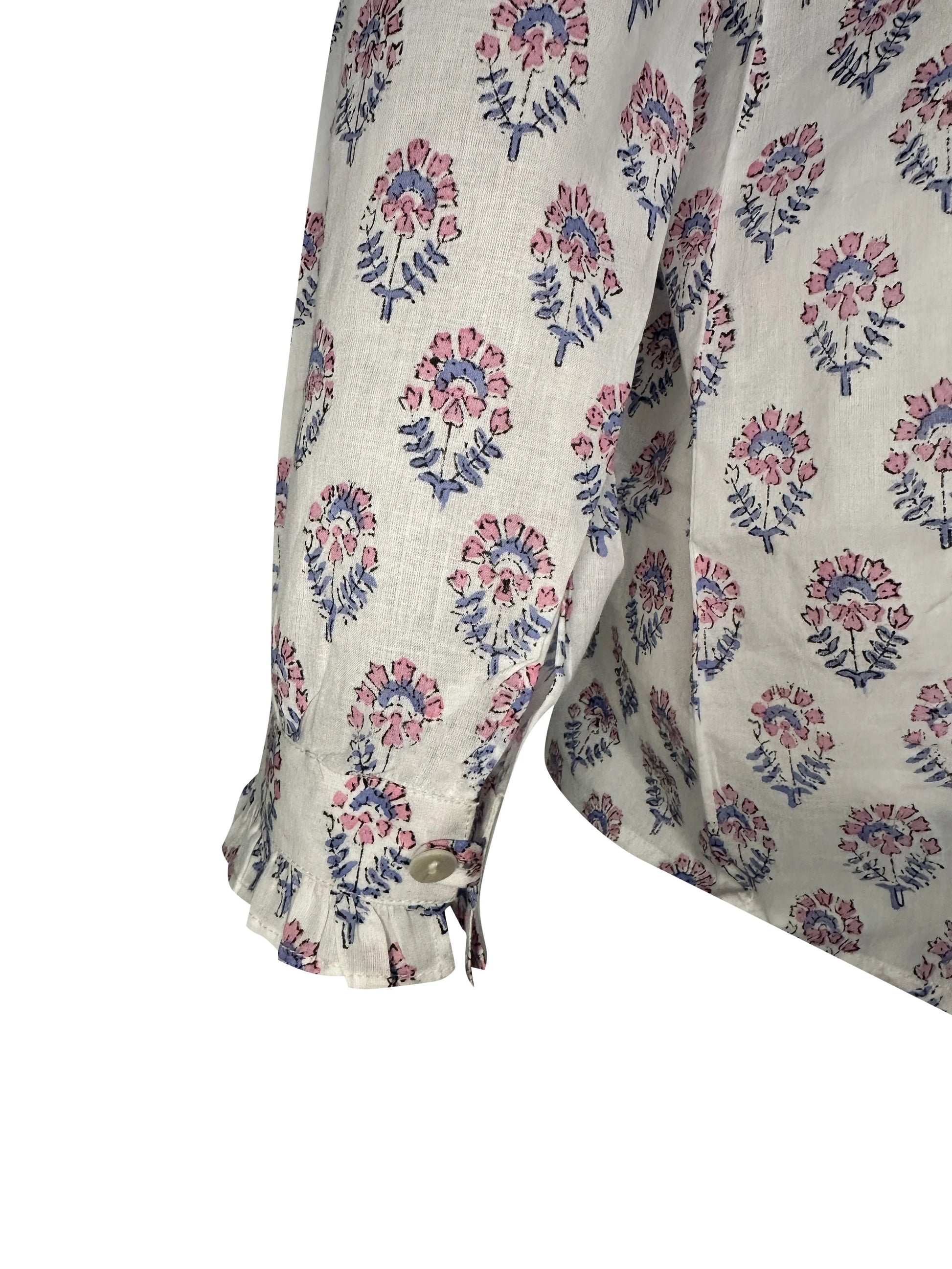 Pink & Blue Floral Block Print Women's Button Up Ruffled Collared Blouse