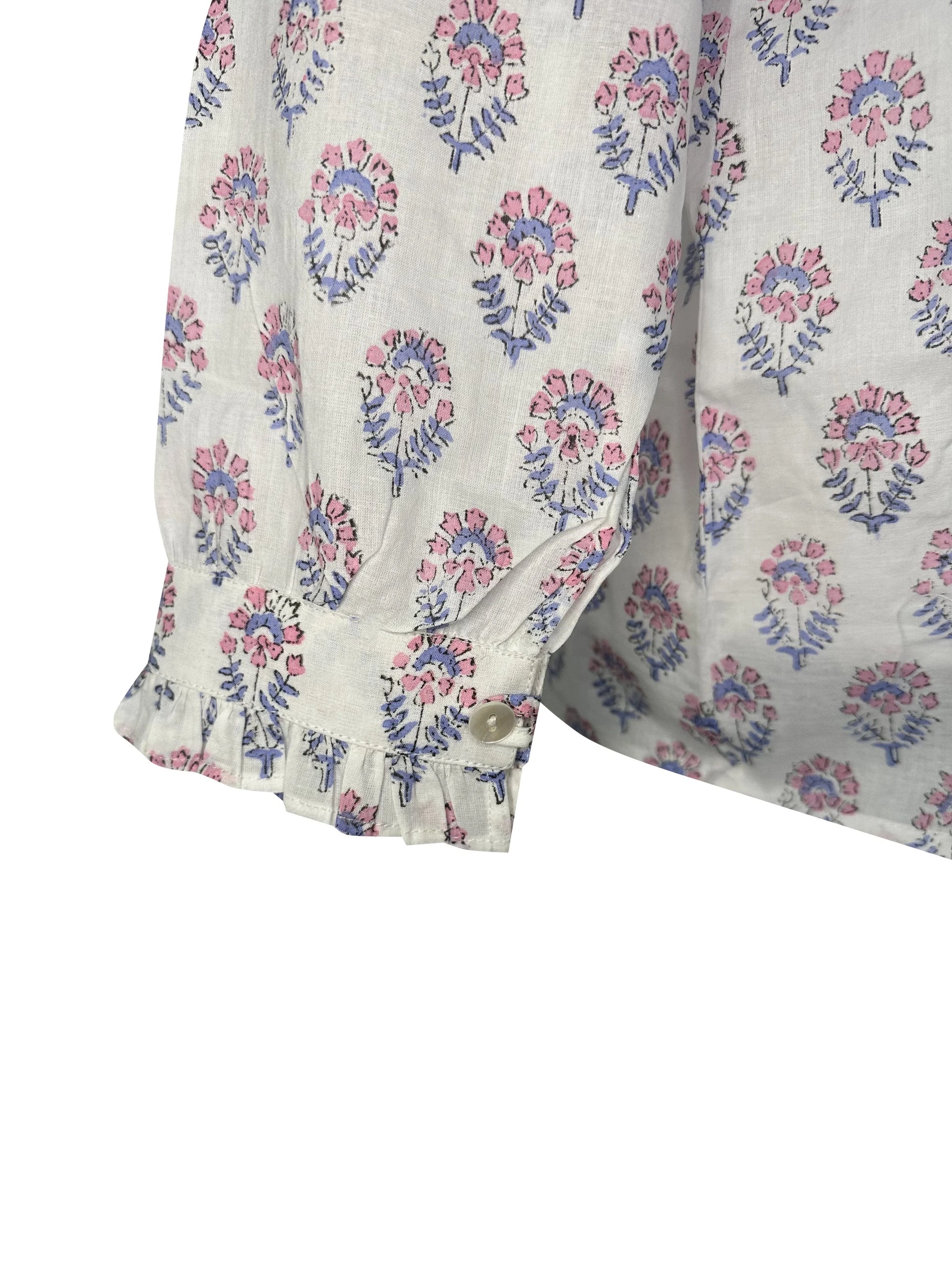 Pink & Blue Floral Block Print Women's Button Up Ruffled Collared Blouse