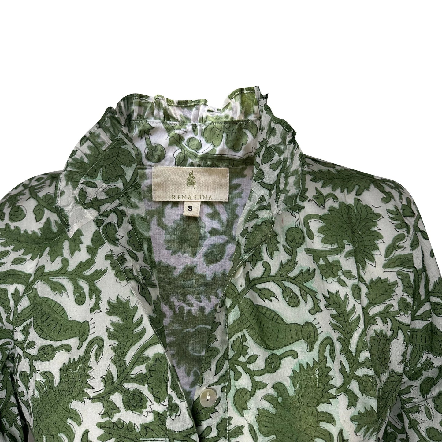 Peacock Block Print Women's Button Up Ruffled Collared Blouse