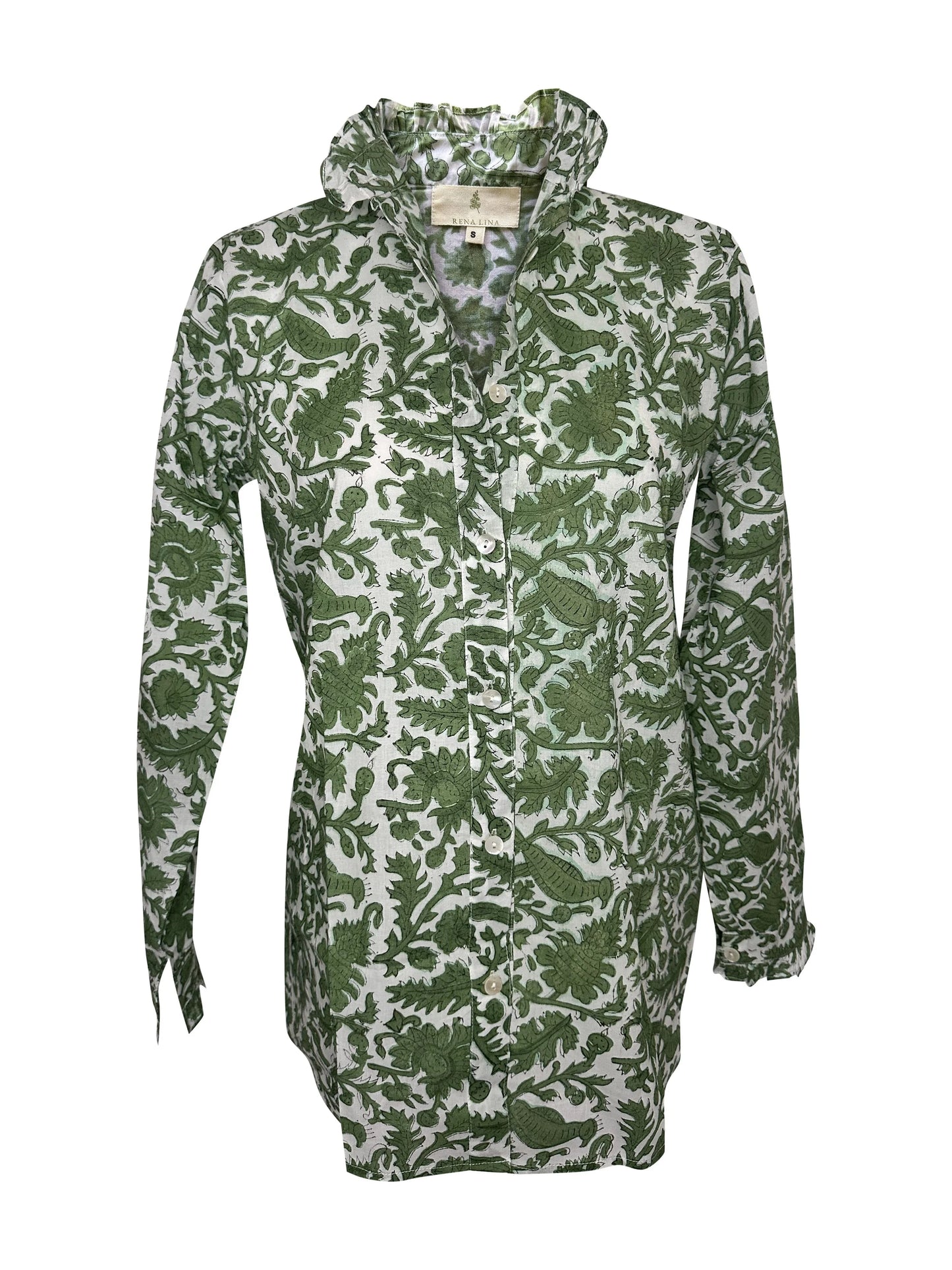 Peacock Block Print Women's Button Up Ruffled Collared Blouse