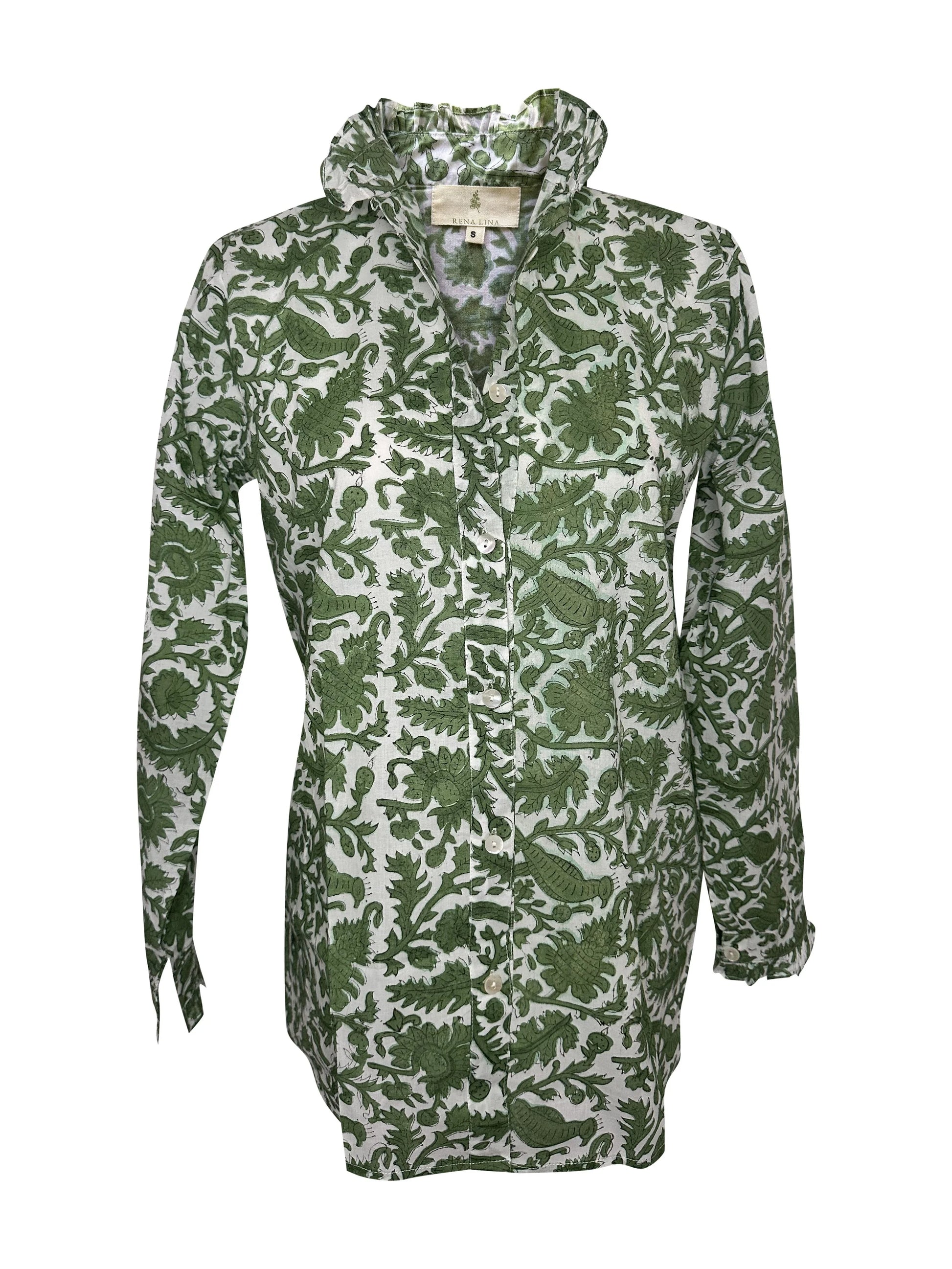 Peacock Block Print Women's Button Up Ruffled Collared Blouse