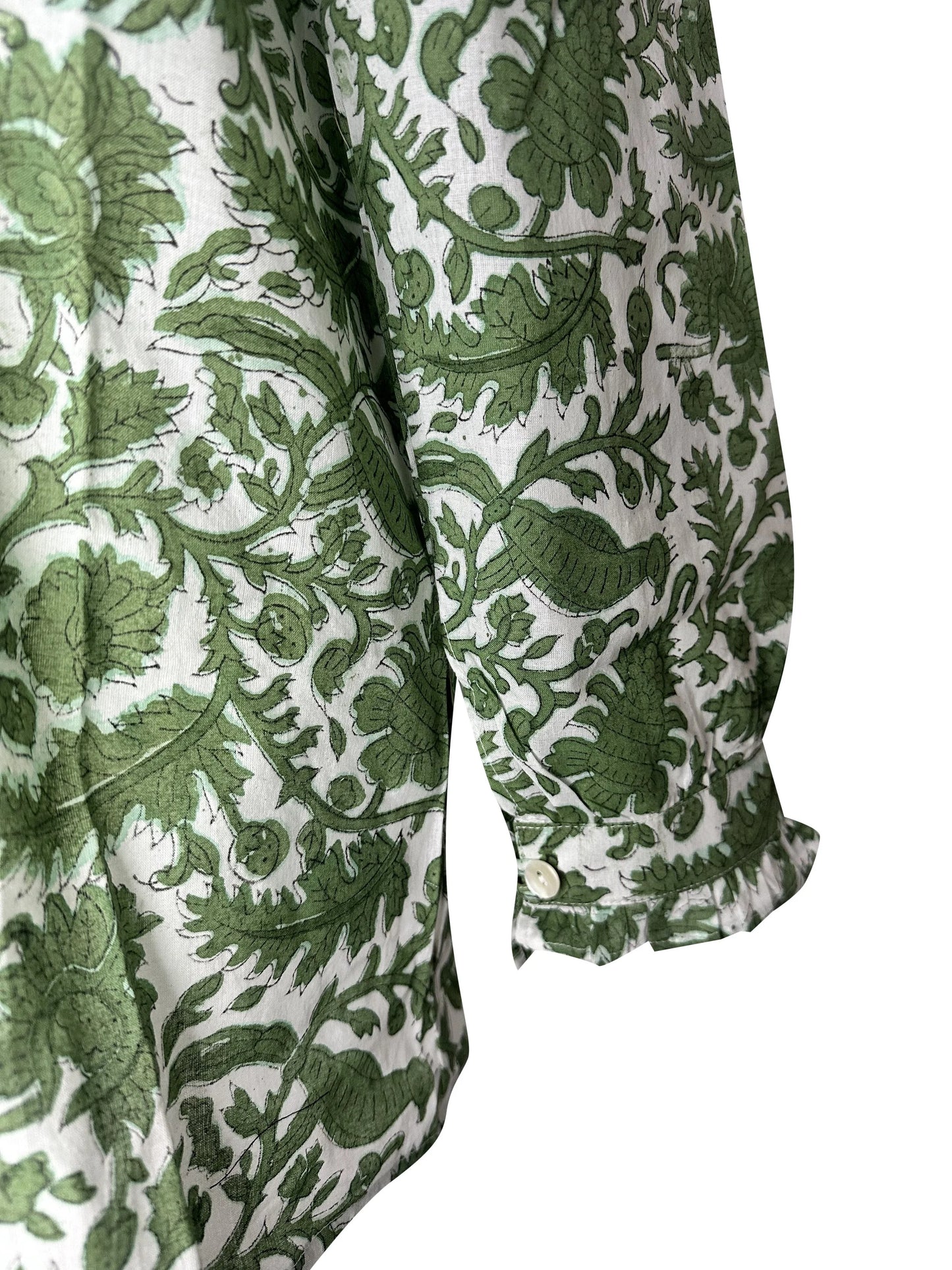 Peacock Block Print Women's Button Up Ruffled Collared Blouse