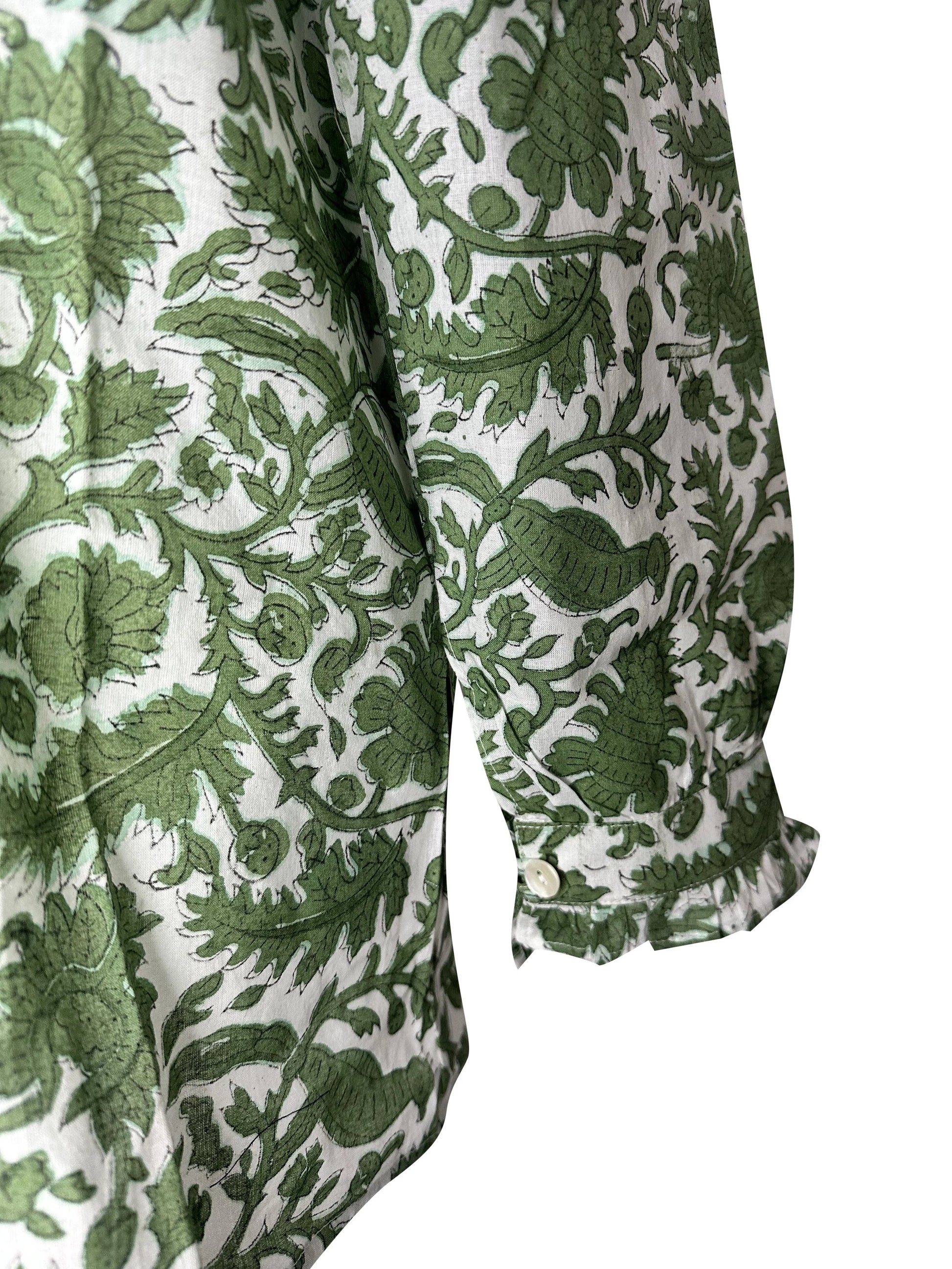 Peacock Block Print Women's Button Up Ruffled Collared Blouse