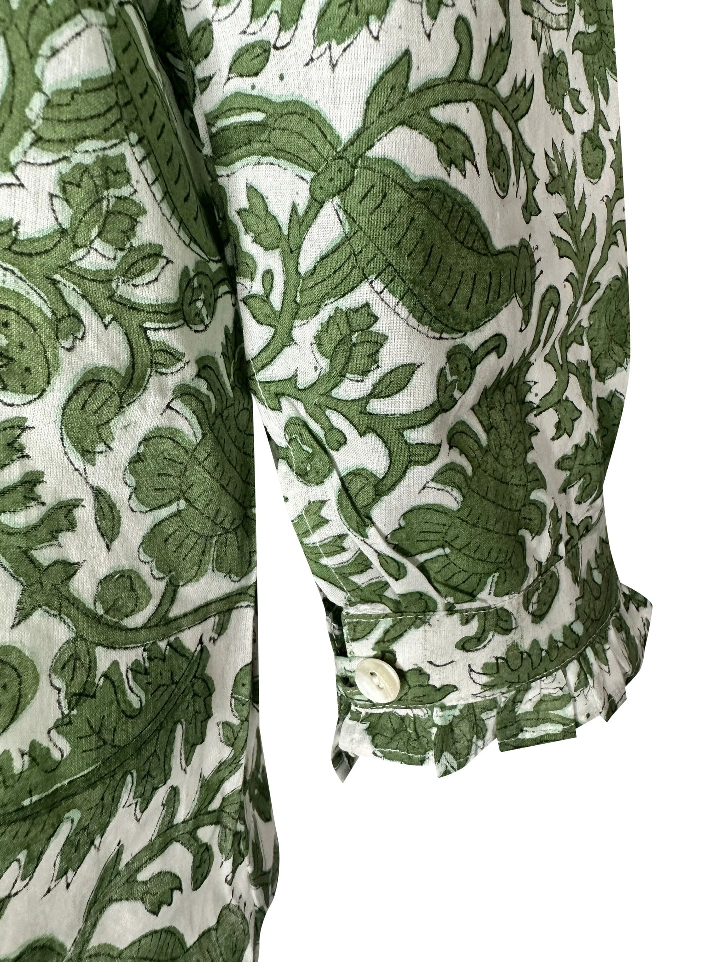 Peacock Block Print Women's Button Up Ruffled Collared Blouse