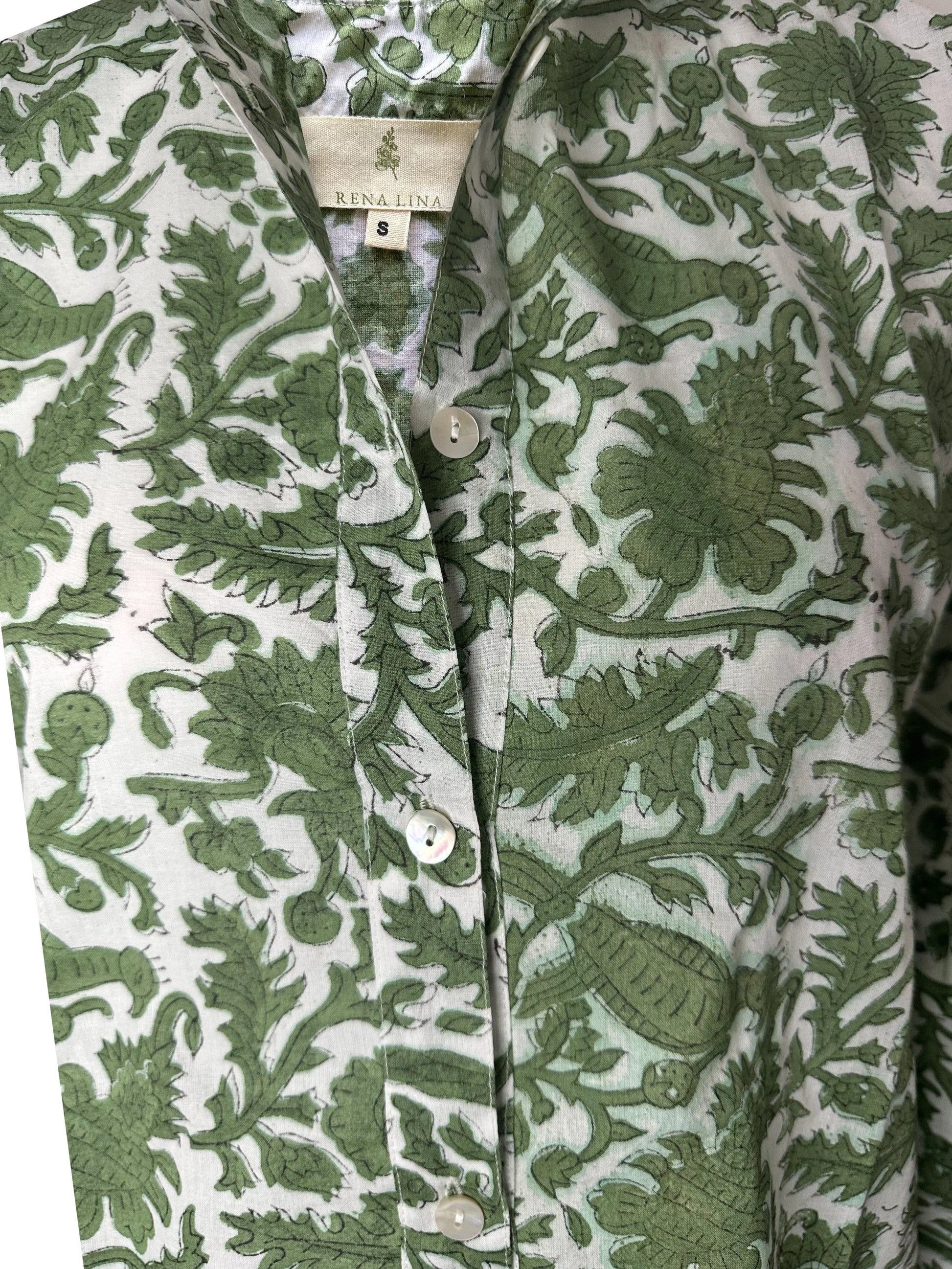 Peacock Block Print Women's Button Up Ruffled Collared Blouse