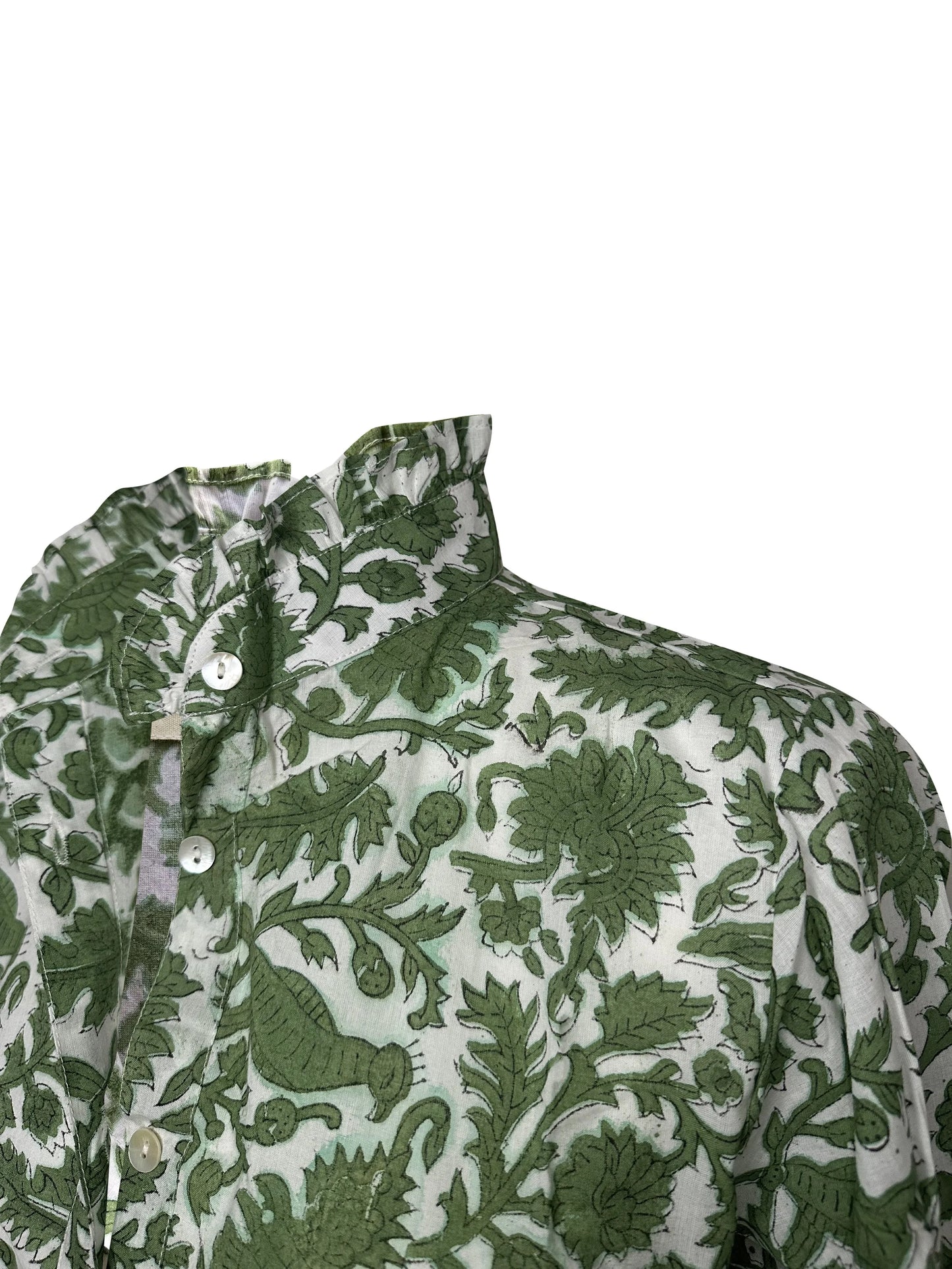 Peacock Block Print Women's Button Up Ruffled Collared Blouse