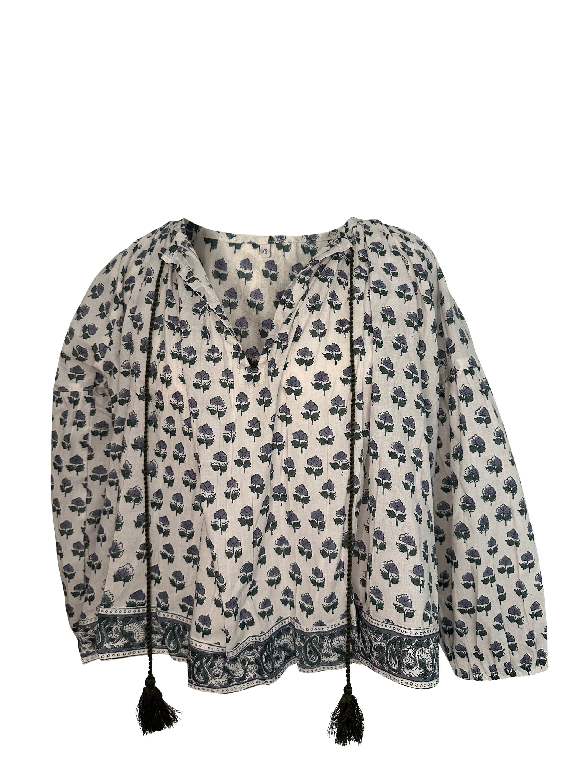 RETIRING ~ V-Neck Small Block Print Floral Print Blouse with Tassels - Neutral Blue & Green