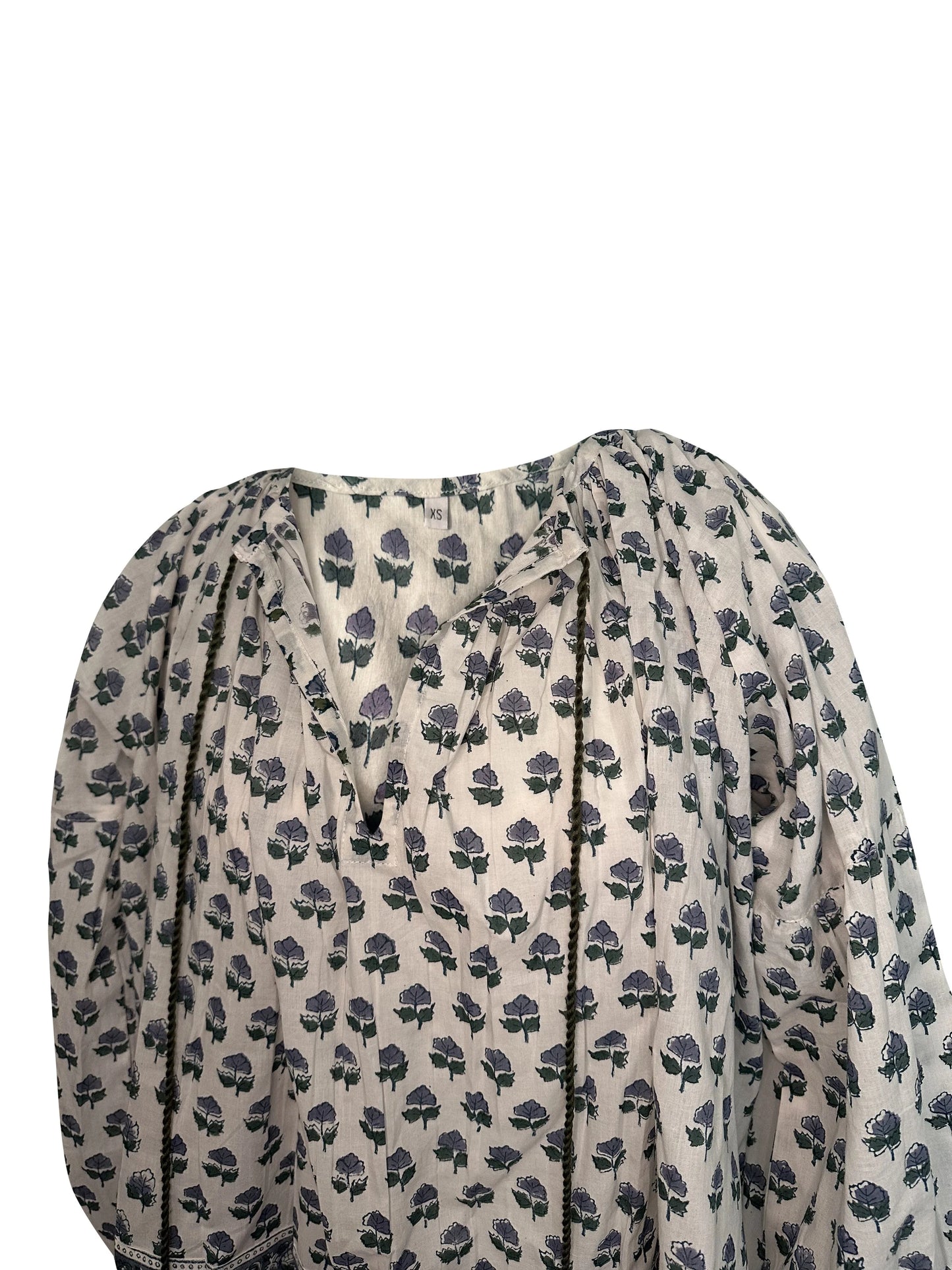 RETIRING ~ V-Neck Small Block Print Floral Print Blouse with Tassels - Neutral Blue & Green