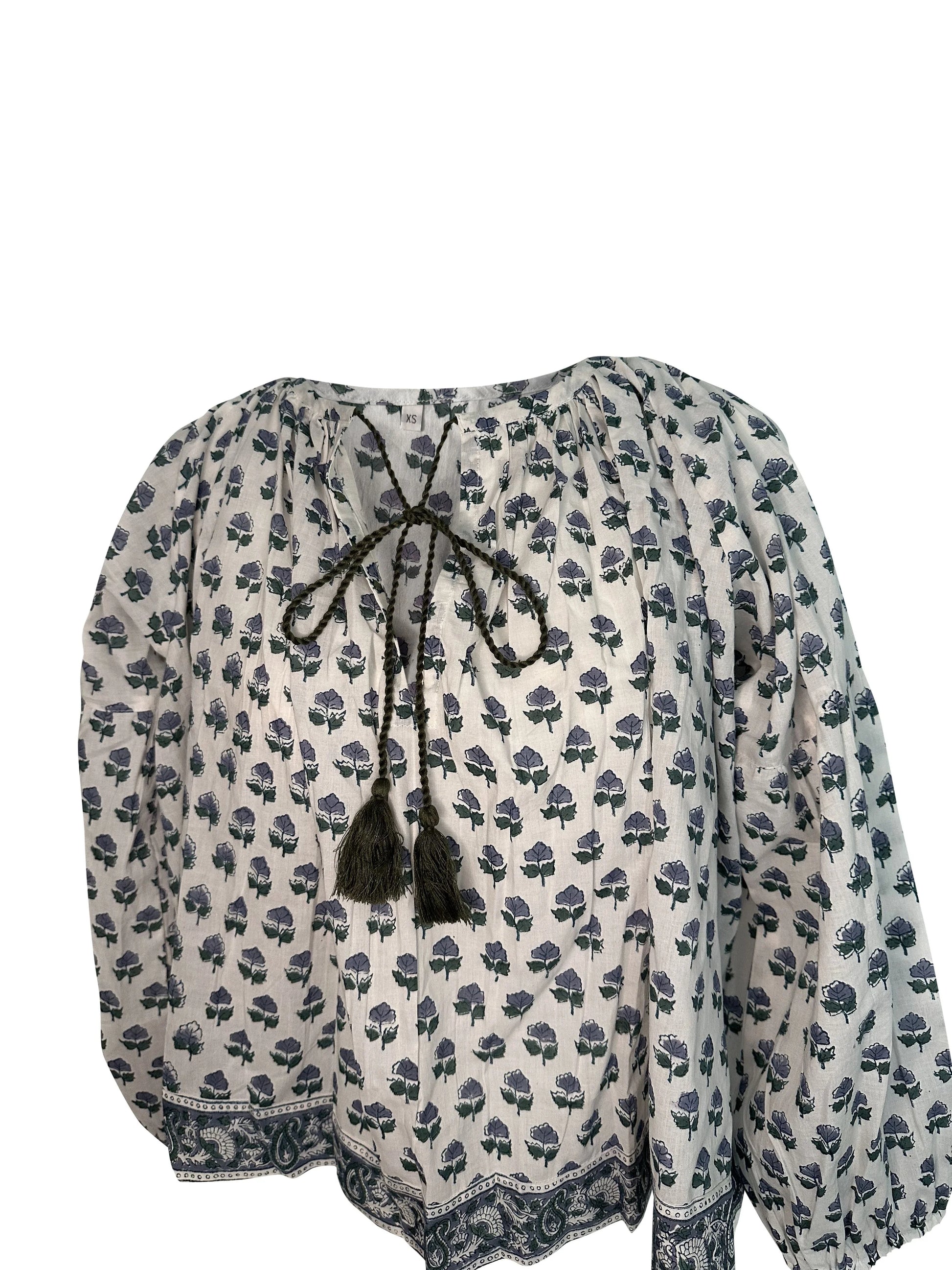 RETIRING ~ V-Neck Small Block Print Floral Print Blouse with Tassels - Neutral Blue & Green
