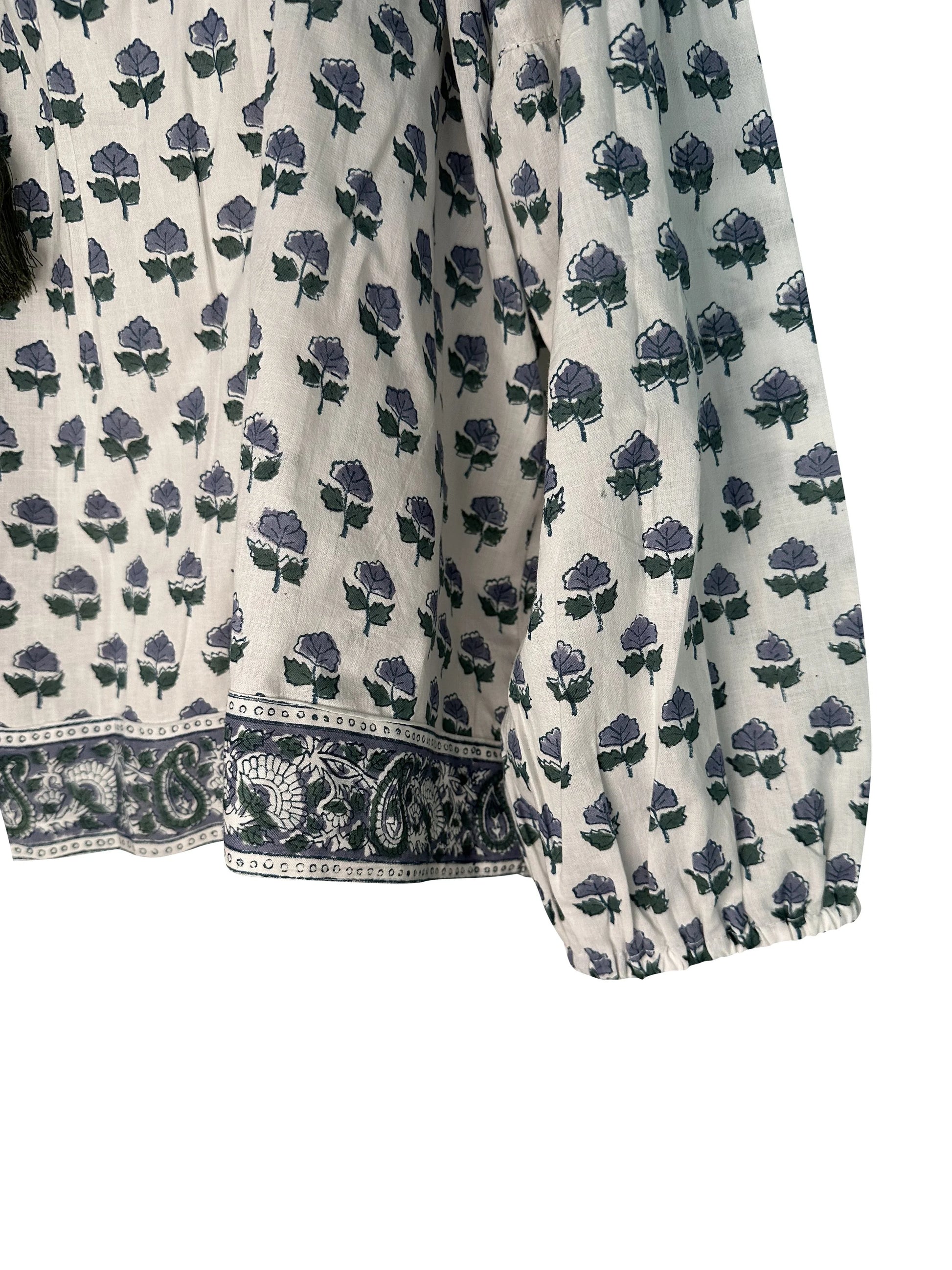 RETIRING ~ V-Neck Small Block Print Floral Print Blouse with Tassels - Neutral Blue & Green