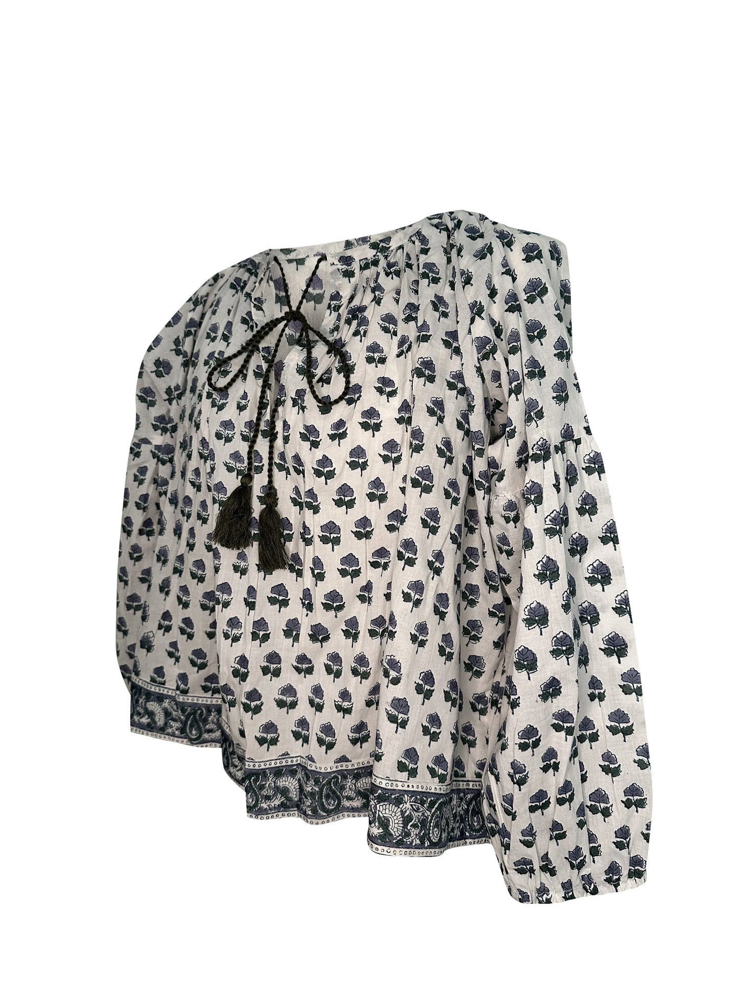 RETIRING ~ V-Neck Small Block Print Floral Print Blouse with Tassels - Neutral Blue & Green