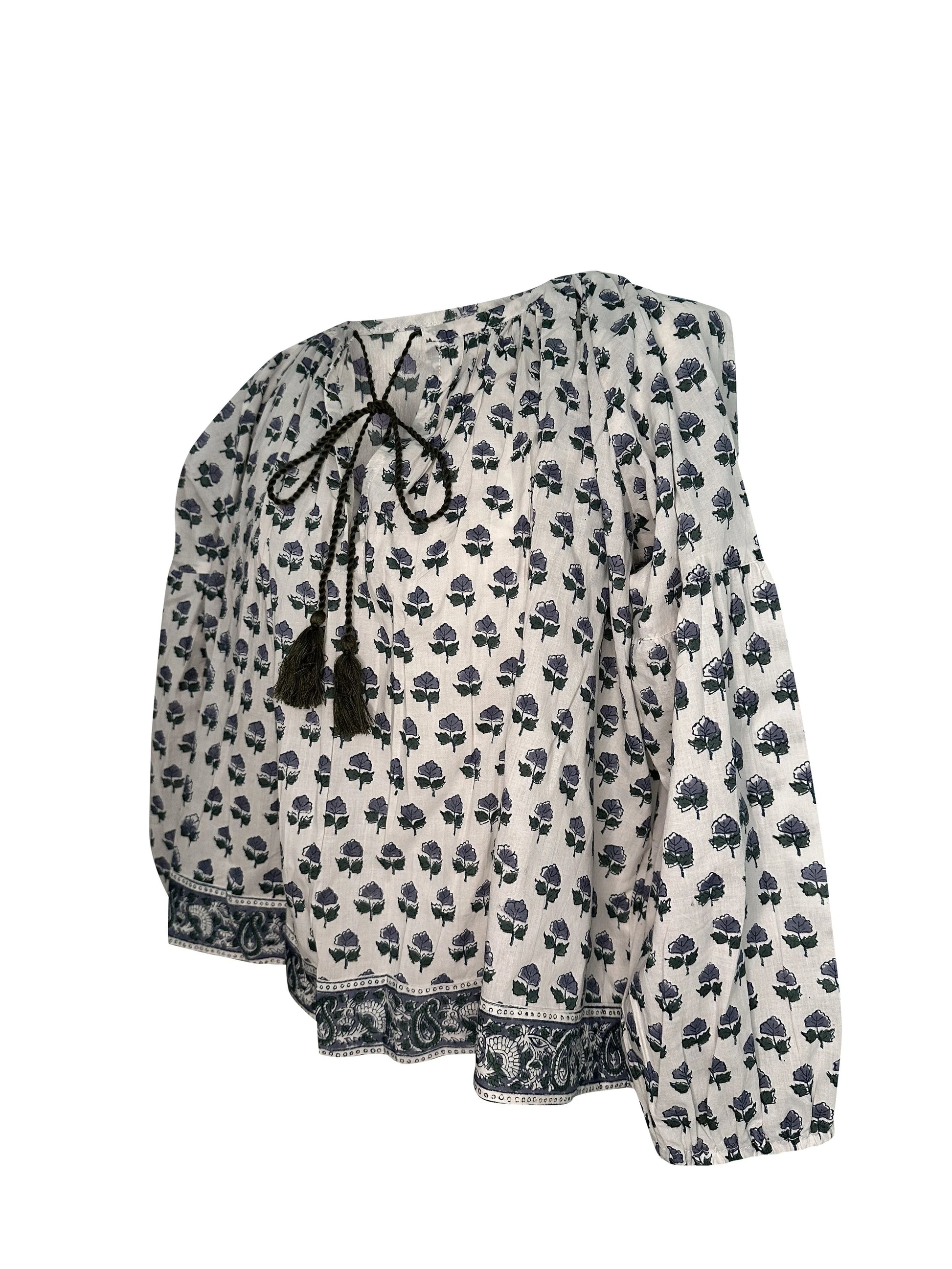 RETIRING ~ V-Neck Small Block Print Floral Print Blouse with Tassels - Neutral Blue & Green