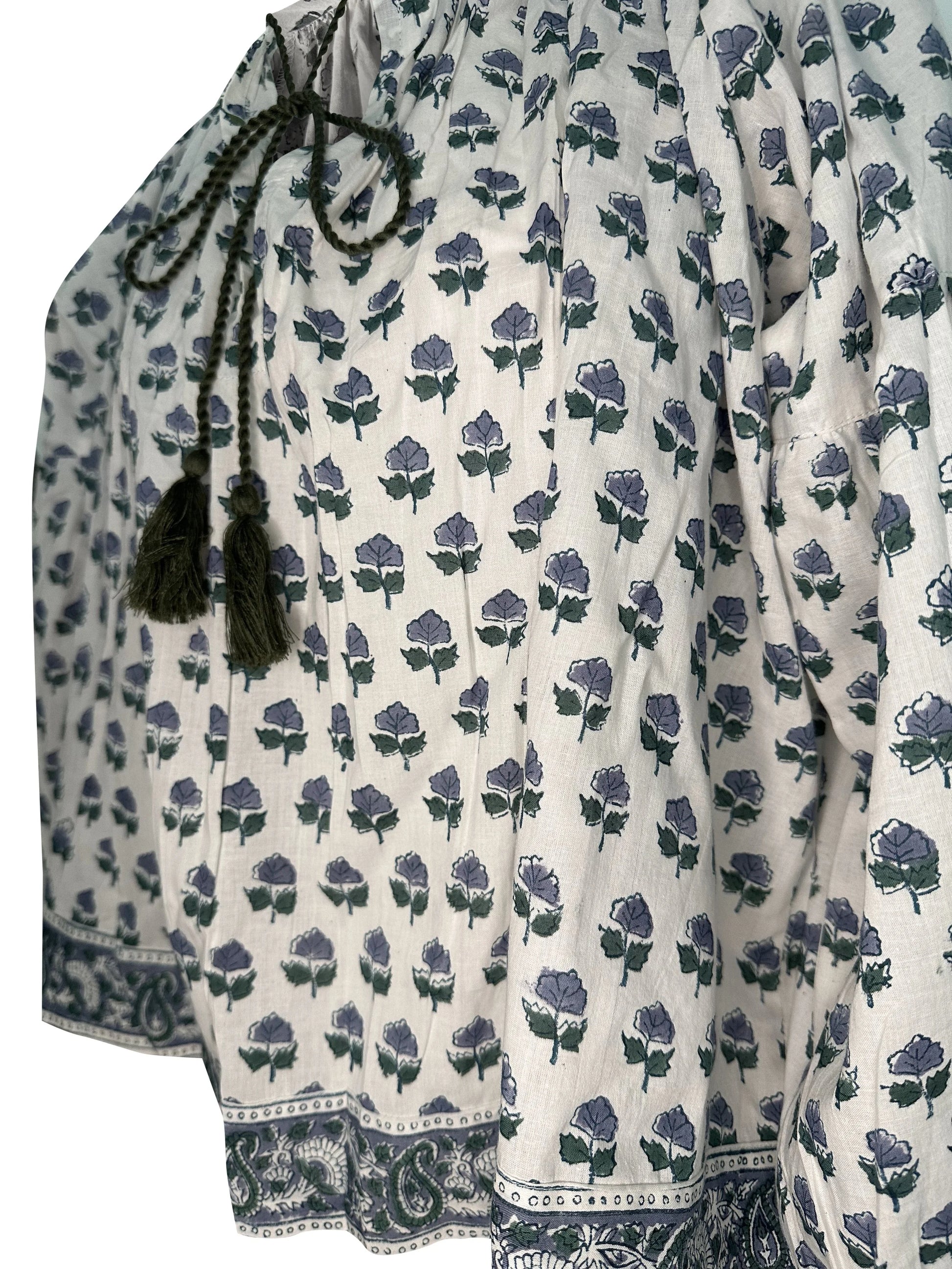 RETIRING ~ V-Neck Small Block Print Floral Print Blouse with Tassels - Neutral Blue & Green