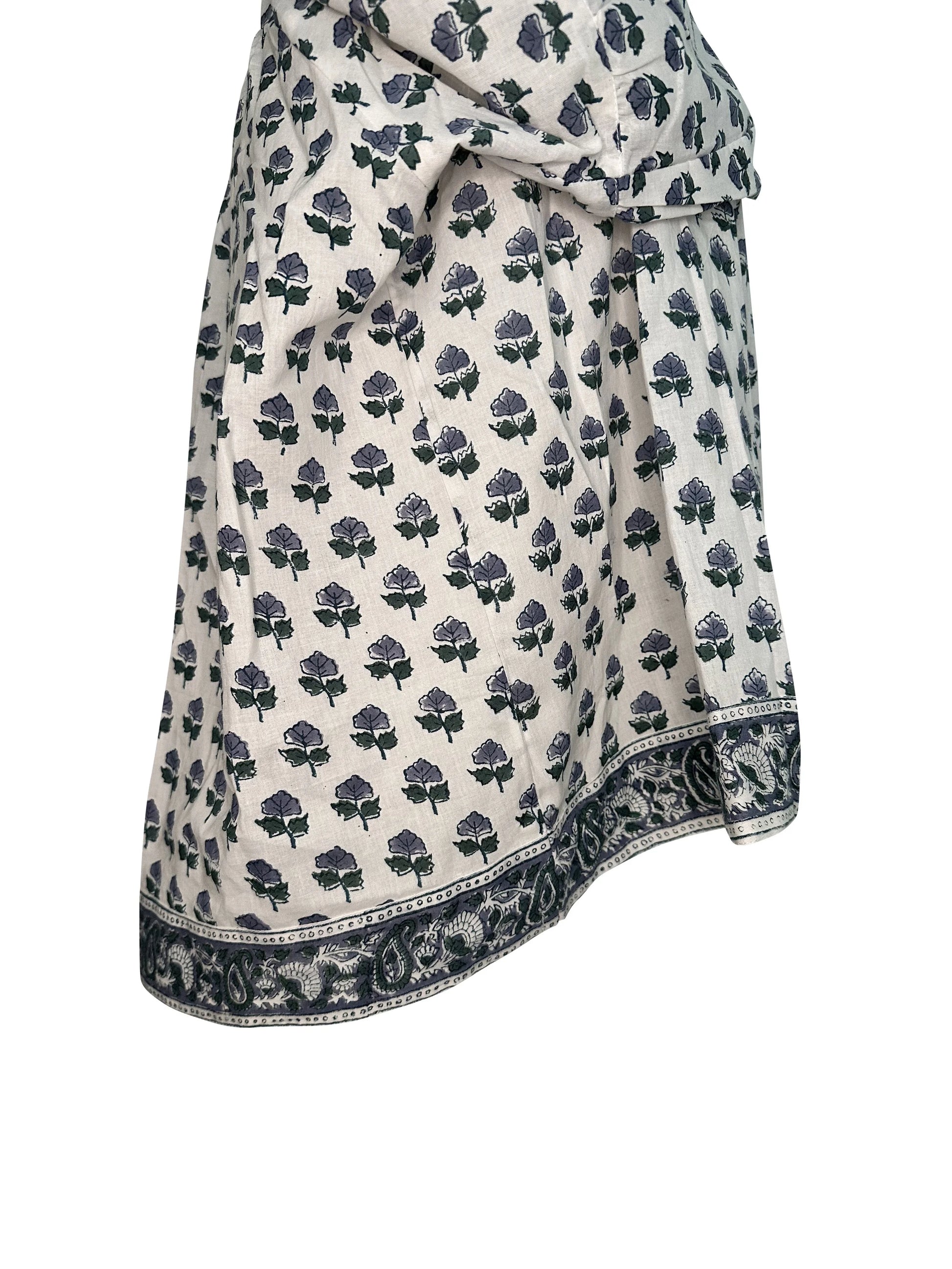 RETIRING ~ V-Neck Small Block Print Floral Print Blouse with Tassels - Neutral Blue & Green