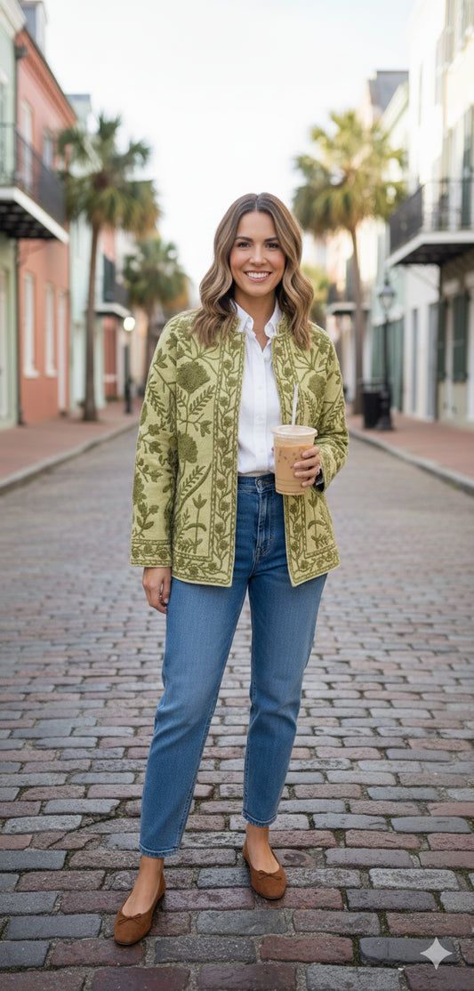 Chartreuse Hand-Embroidered Suzani Jacket | Artisan Floral Jacket