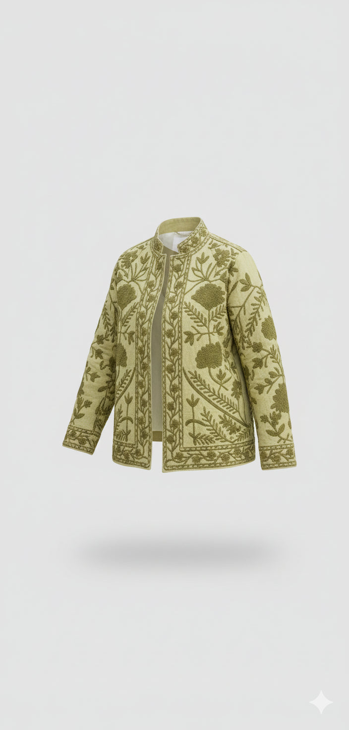 Chartreuse Hand-Embroidered Suzani Jacket | Artisan Floral Jacket
