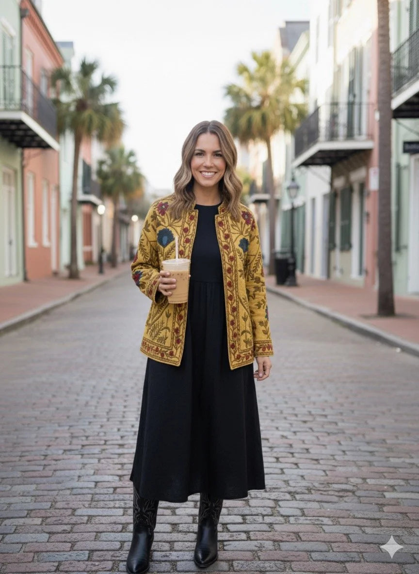 Mustard Hand-Embroidered Suzani Jacket | Artisan Floral Jacket